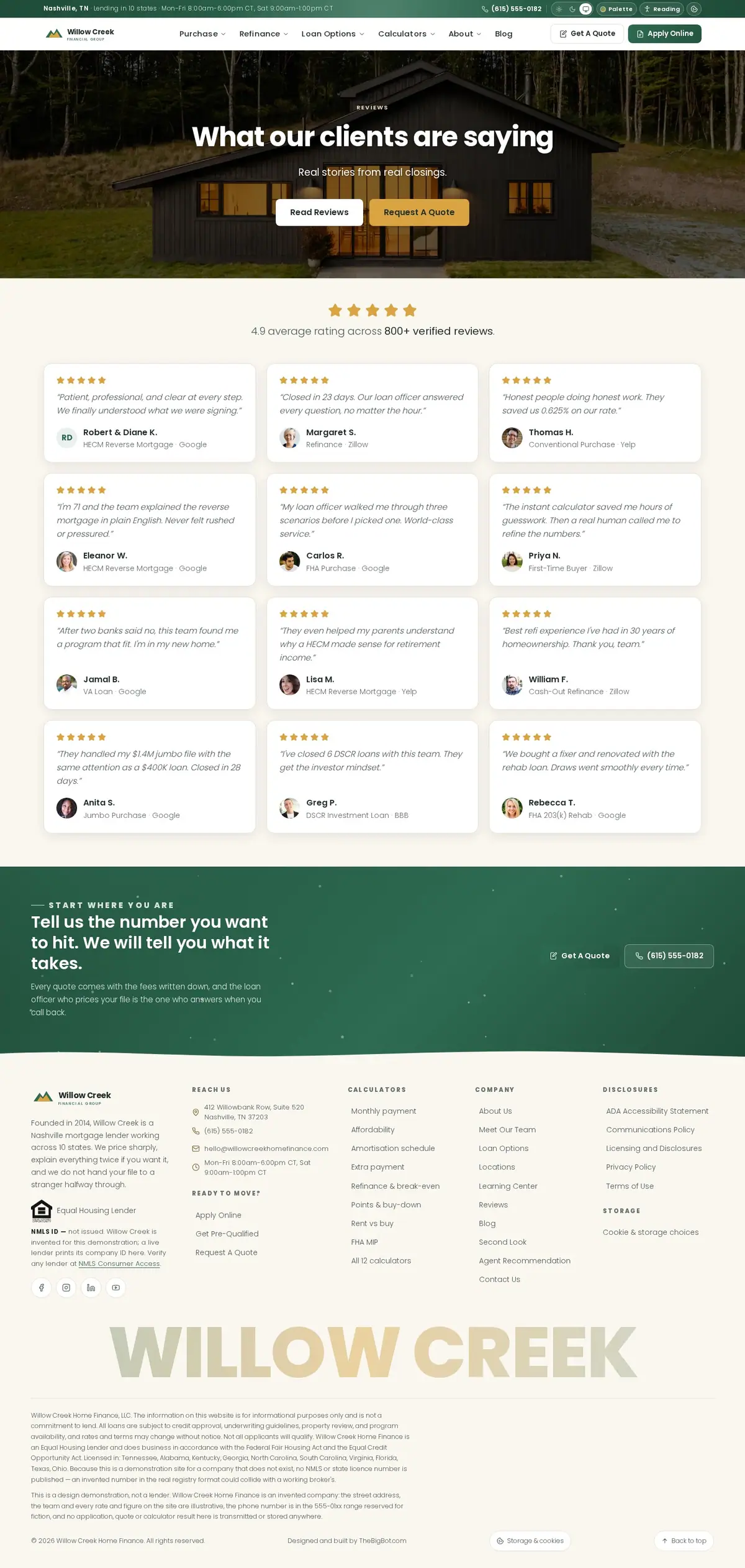 The reviews page of the Willow Creek Home Finance — August 2026 mortgage website design
