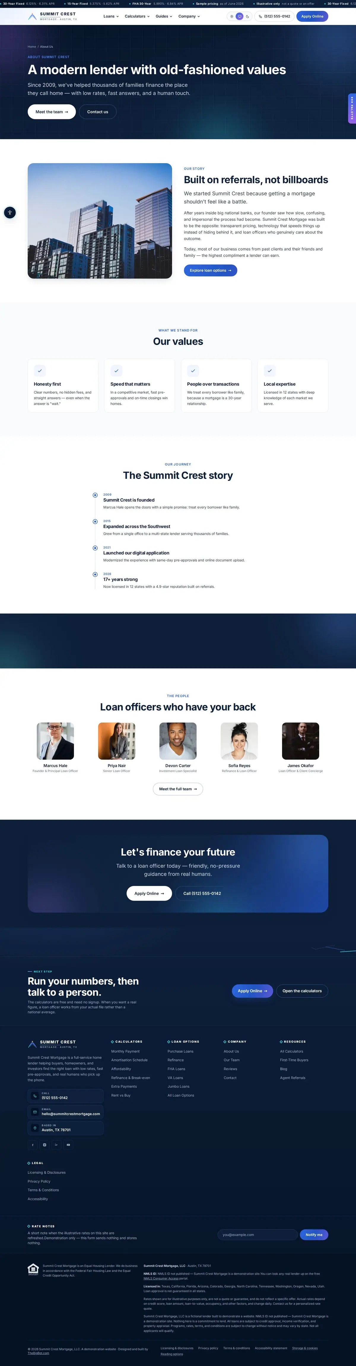 The about us page of the Summit Crest Mortgage — August 2026 mortgage website design