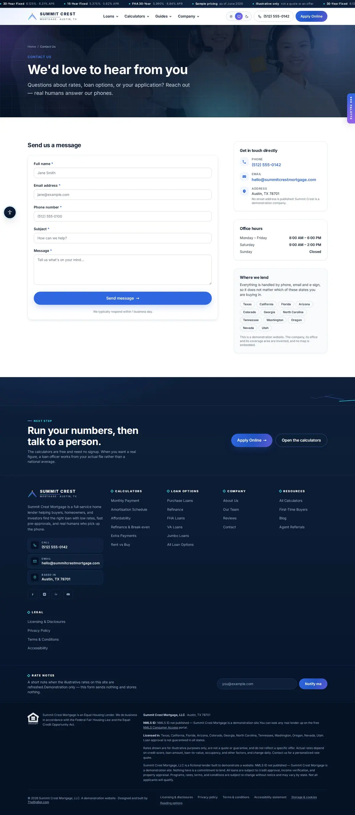 The contact us page of the Summit Crest Mortgage — August 2026 mortgage website design