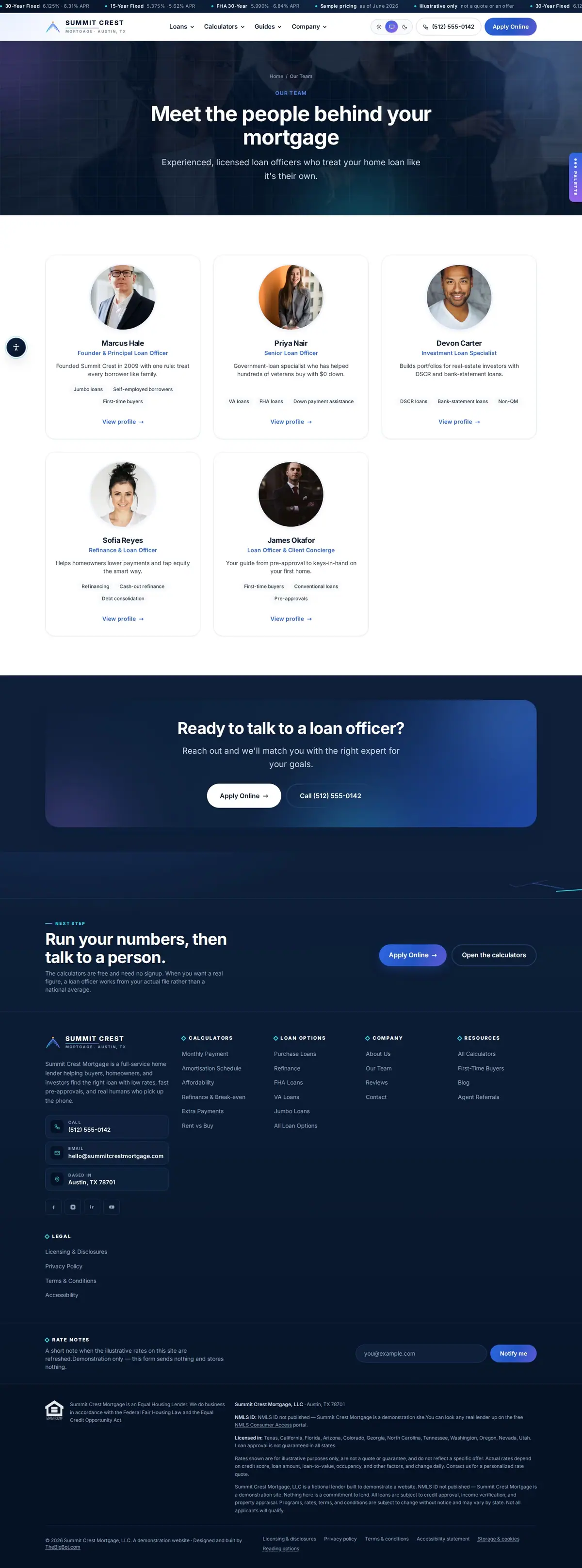 The our team page of the Summit Crest Mortgage — August 2026 mortgage website design