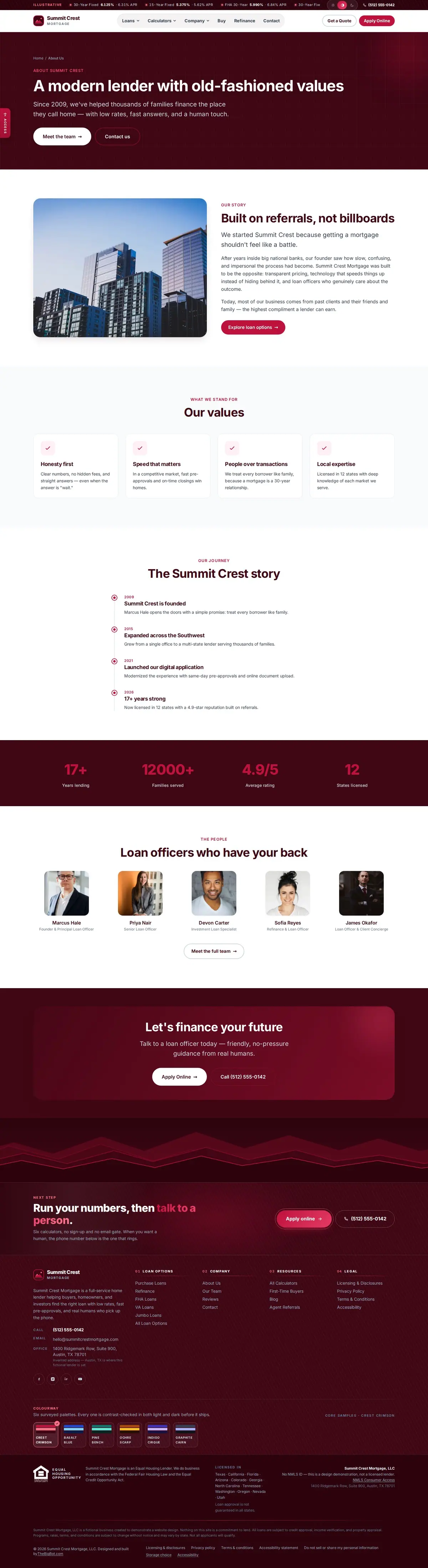 The about us page of the Summit Crest Mortgage, Rose — August 2026 mortgage website design