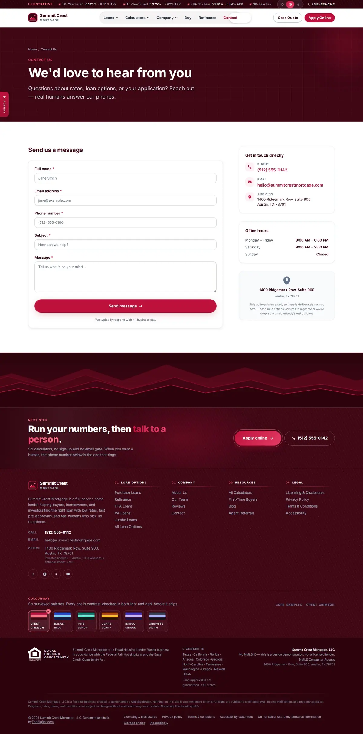 The contact us page of the Summit Crest Mortgage, Rose — August 2026 mortgage website design