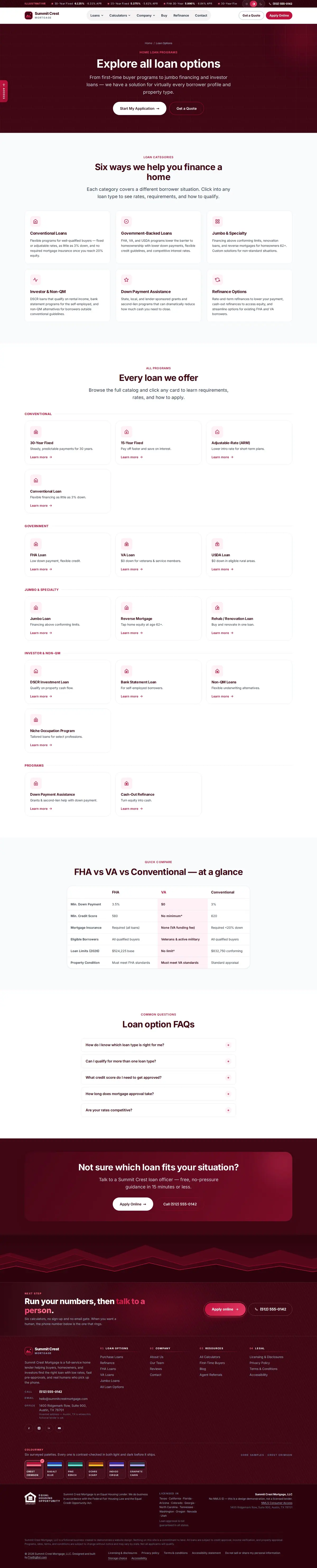 The loan options page of the Summit Crest Mortgage, Rose — August 2026 mortgage website design