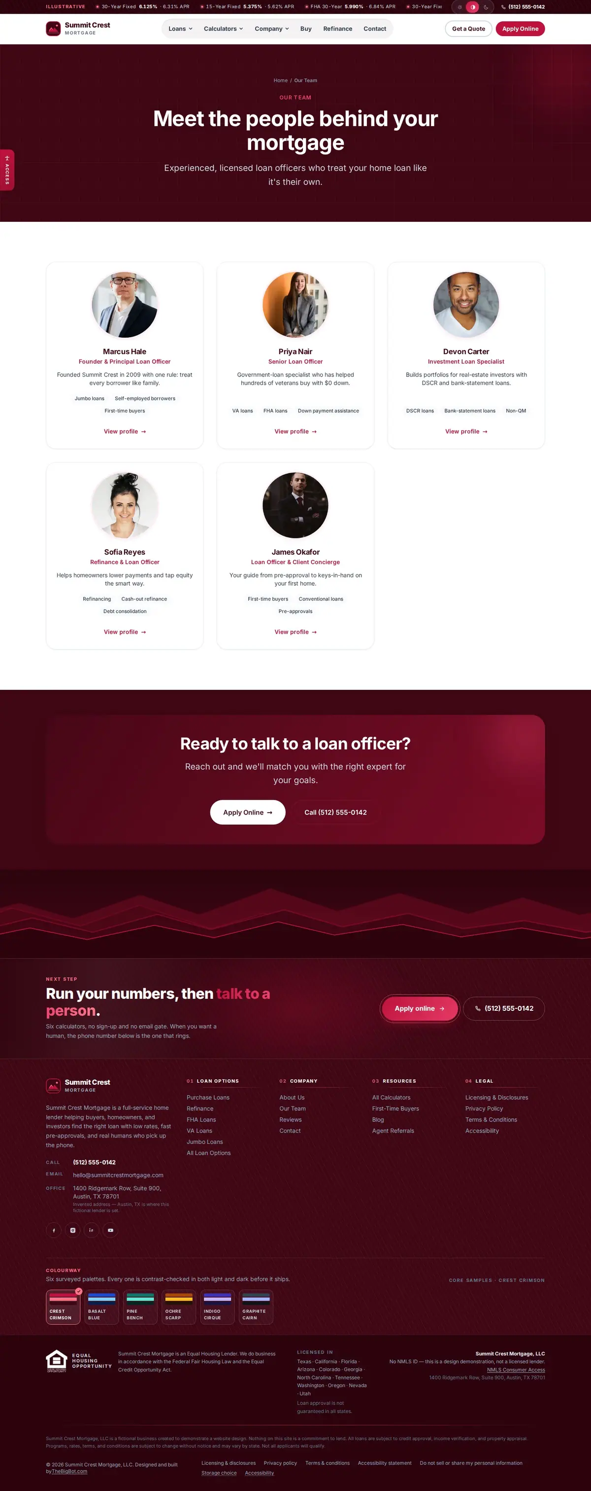 The our team page of the Summit Crest Mortgage, Rose — August 2026 mortgage website design