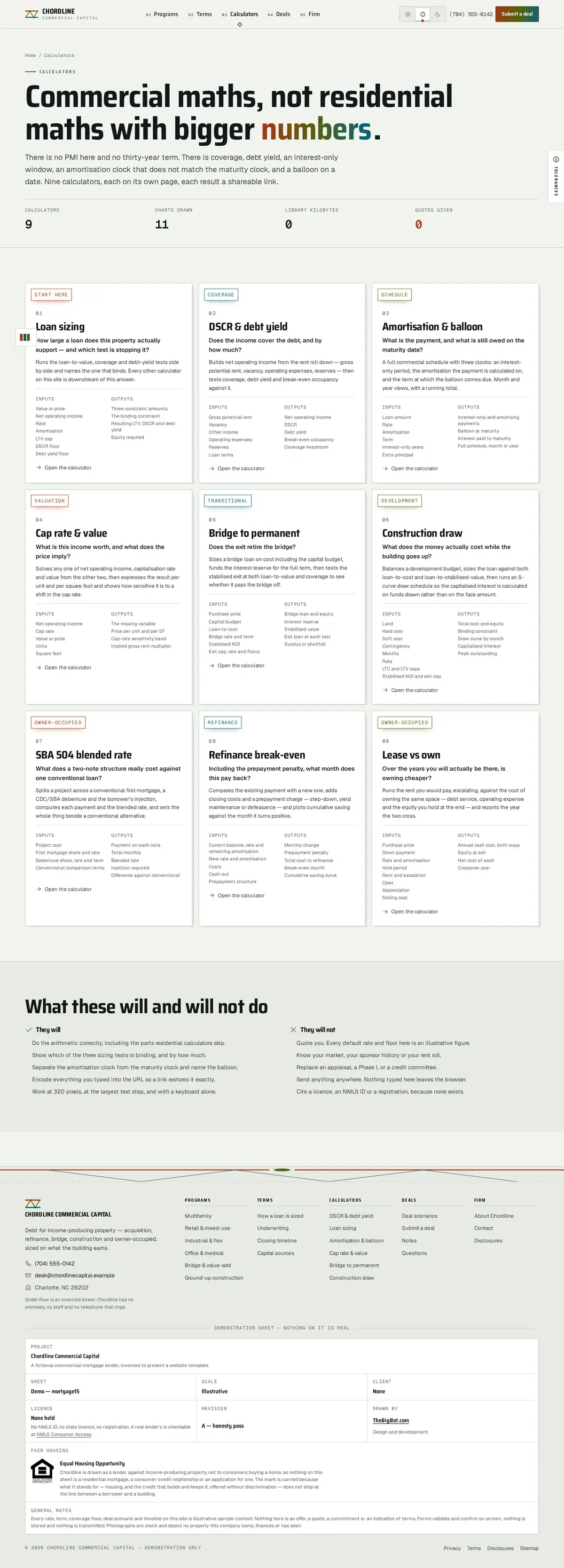 The calculators page of the Chordline Commercial Capital mortgage website design