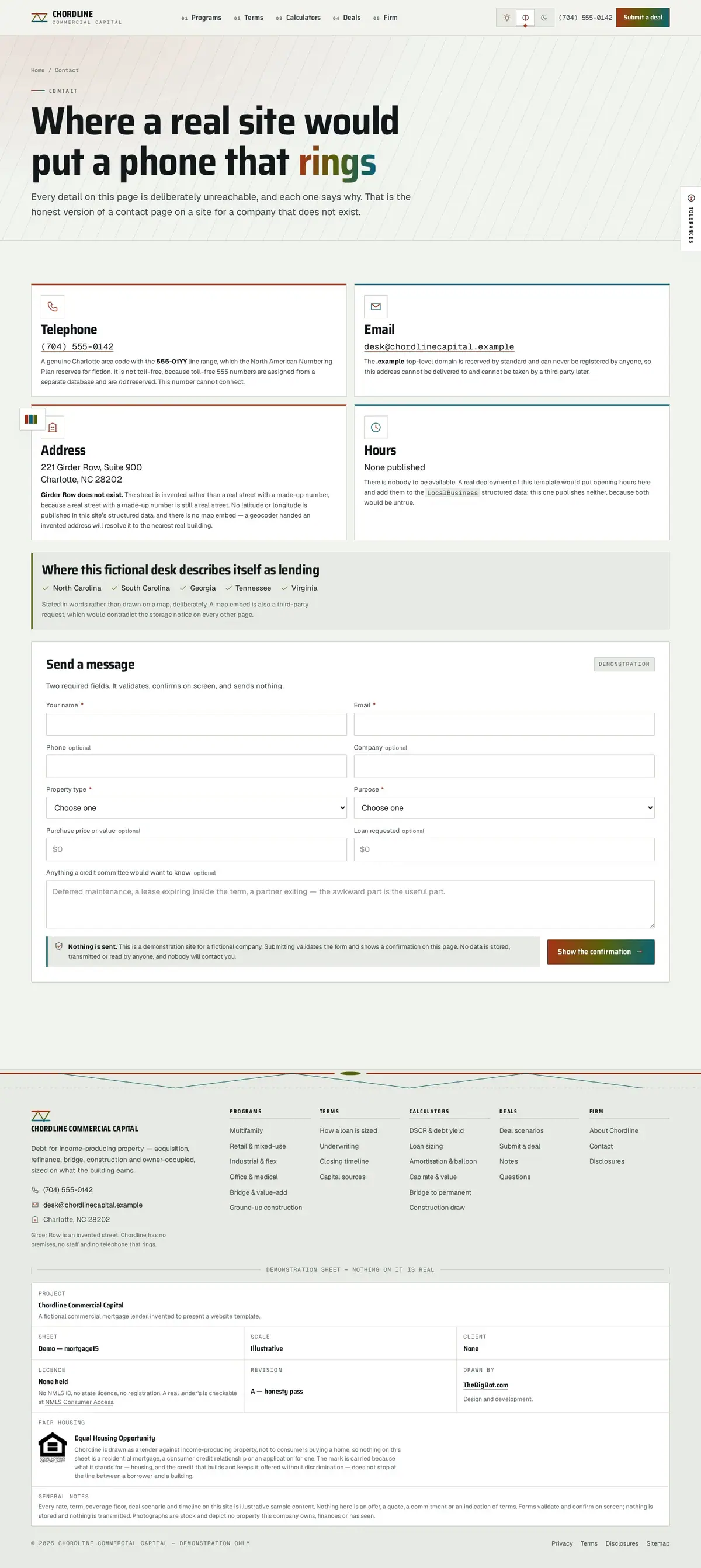 The contact page of the Chordline Commercial Capital mortgage website design