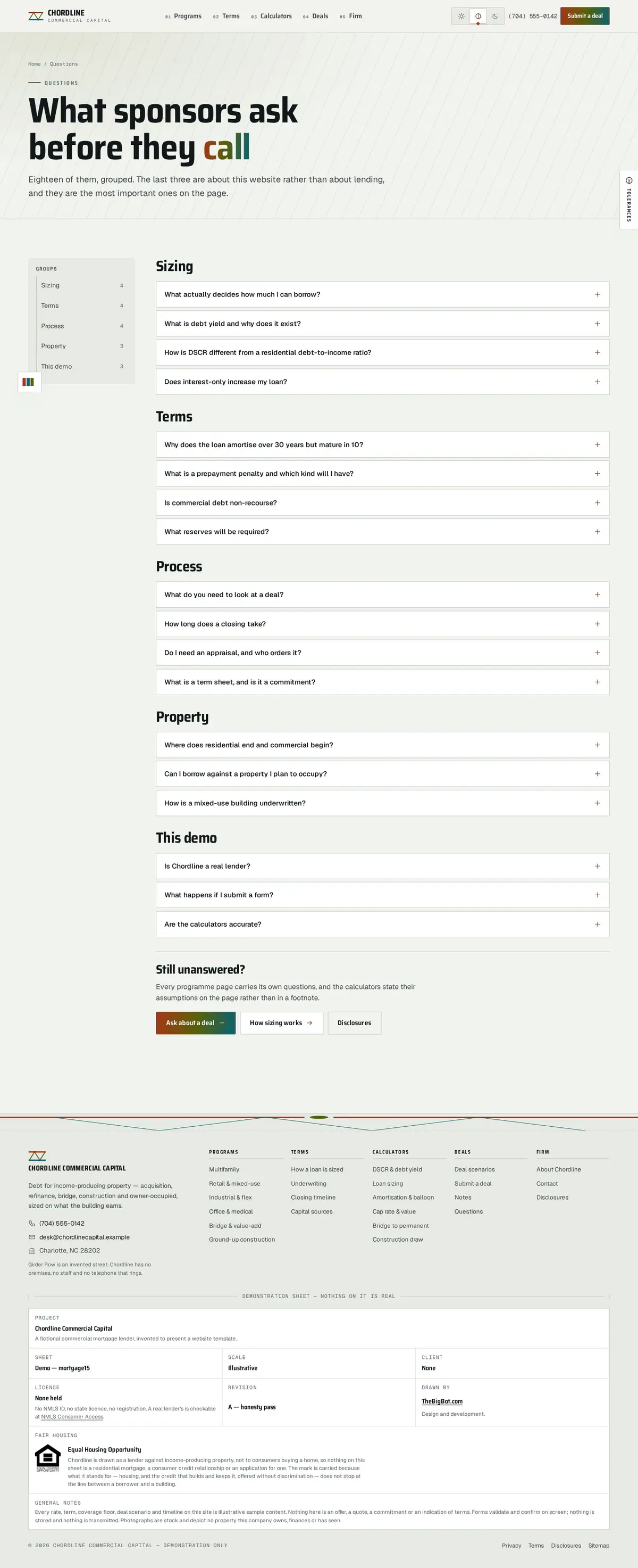 The faq page of the Chordline Commercial Capital mortgage website design