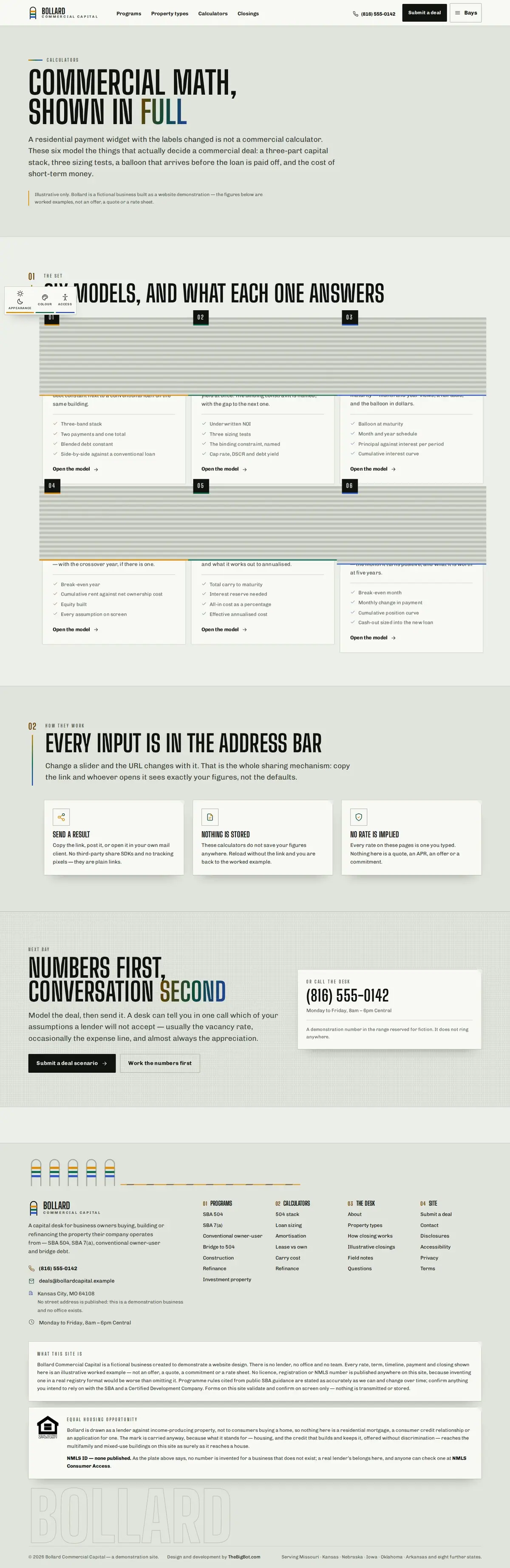 The calculators page of the Bollard Commercial Capital mortgage website design