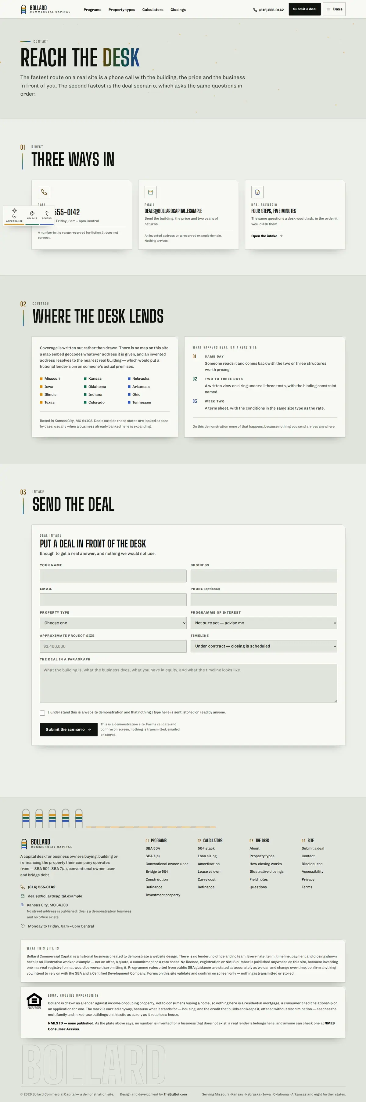 The contact page of the Bollard Commercial Capital mortgage website design