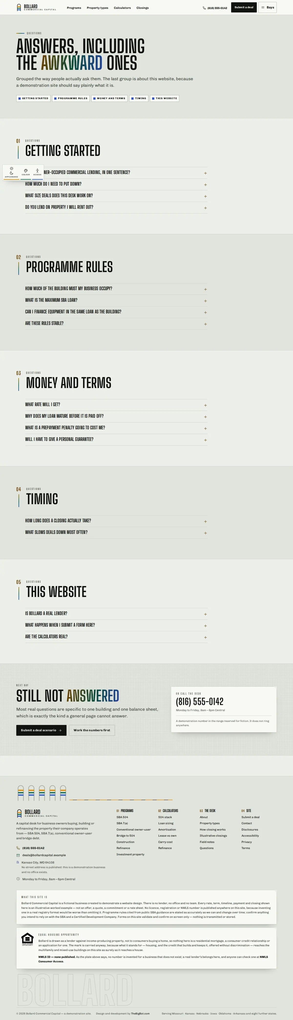 The faq page of the Bollard Commercial Capital mortgage website design