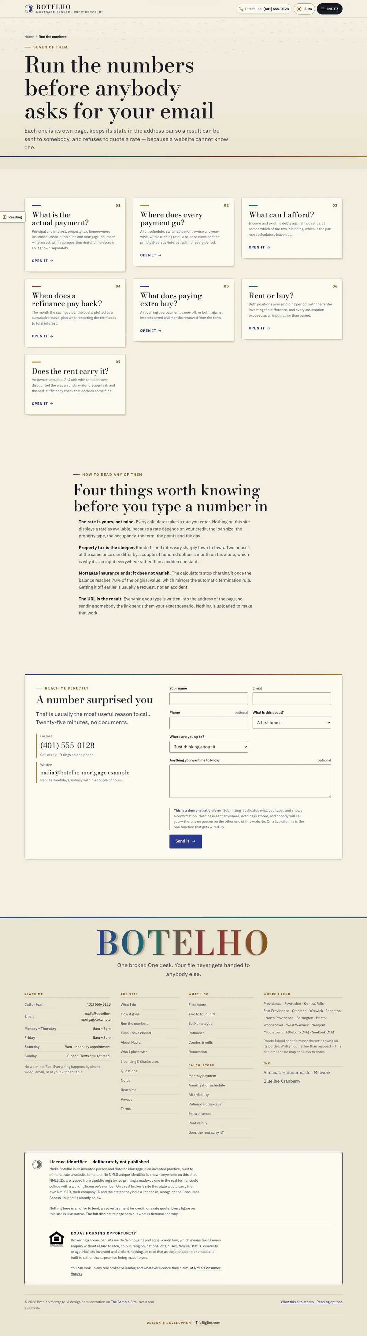 The calculators page of the Botelho Mortgage mortgage website design