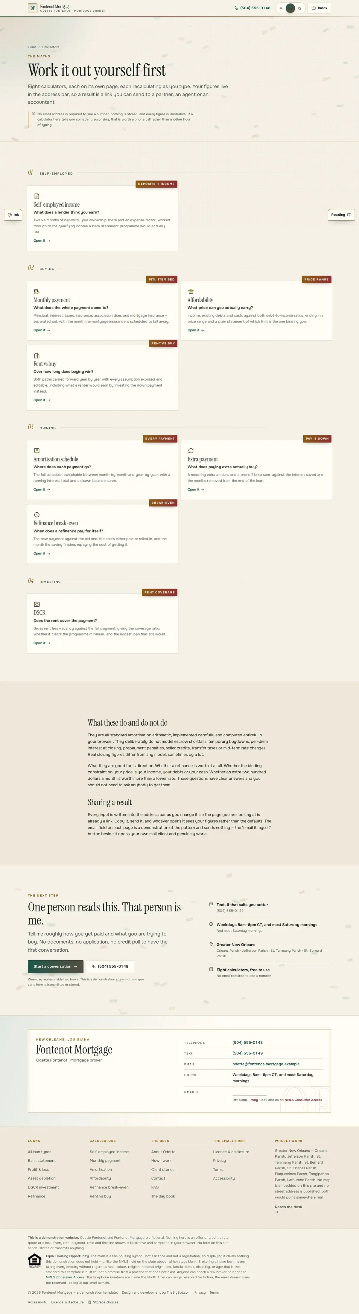 The calculators page of the Fontenot Mortgage mortgage website design