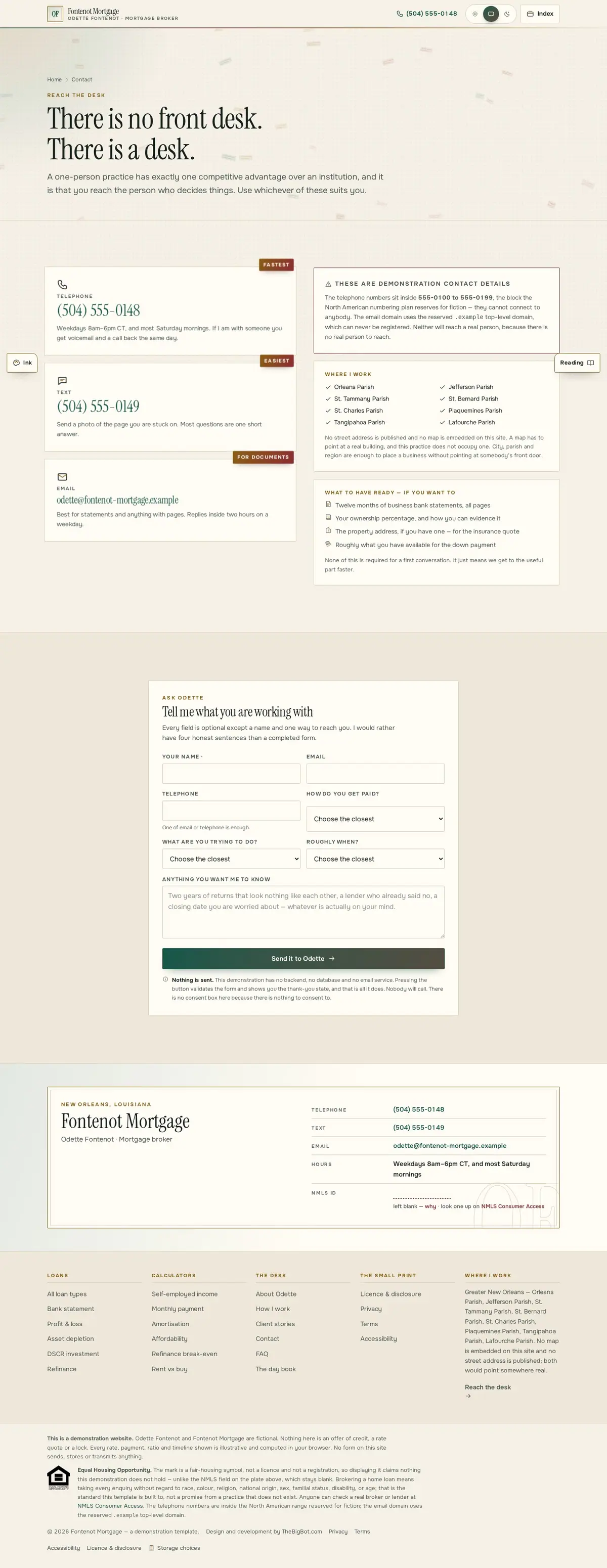 The contact page of the Fontenot Mortgage mortgage website design