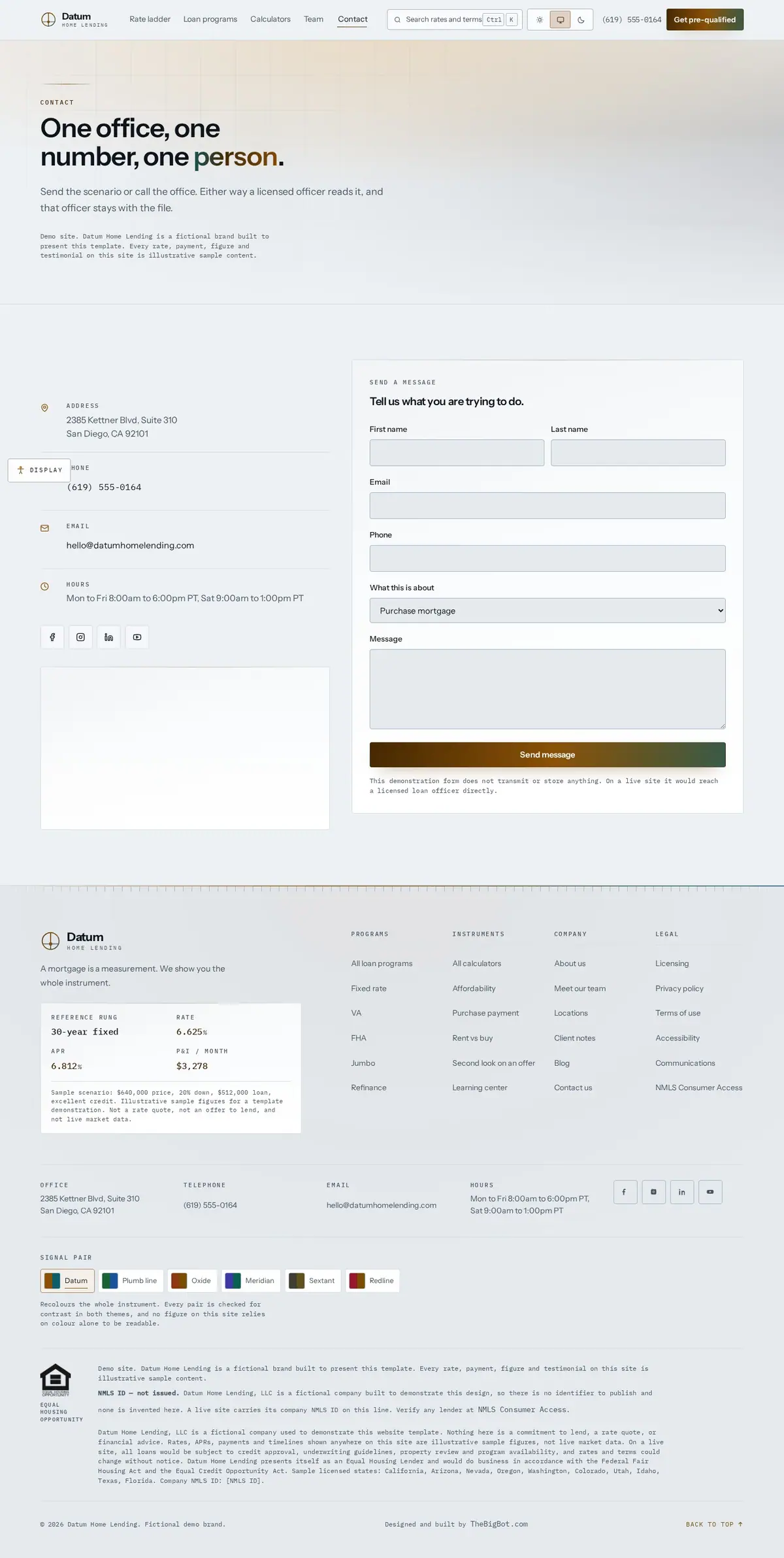 The contact us page of the Datum Home Lending mortgage website design