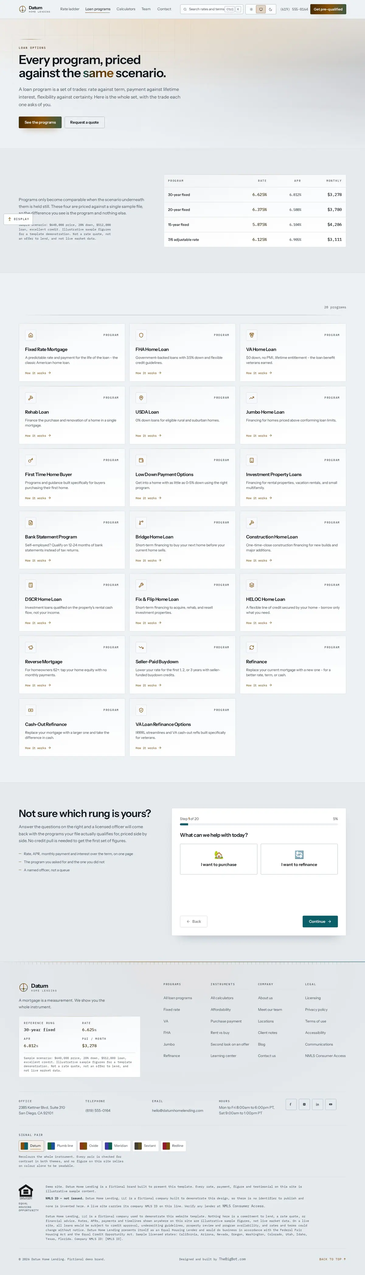 The loan options page of the Datum Home Lending mortgage website design