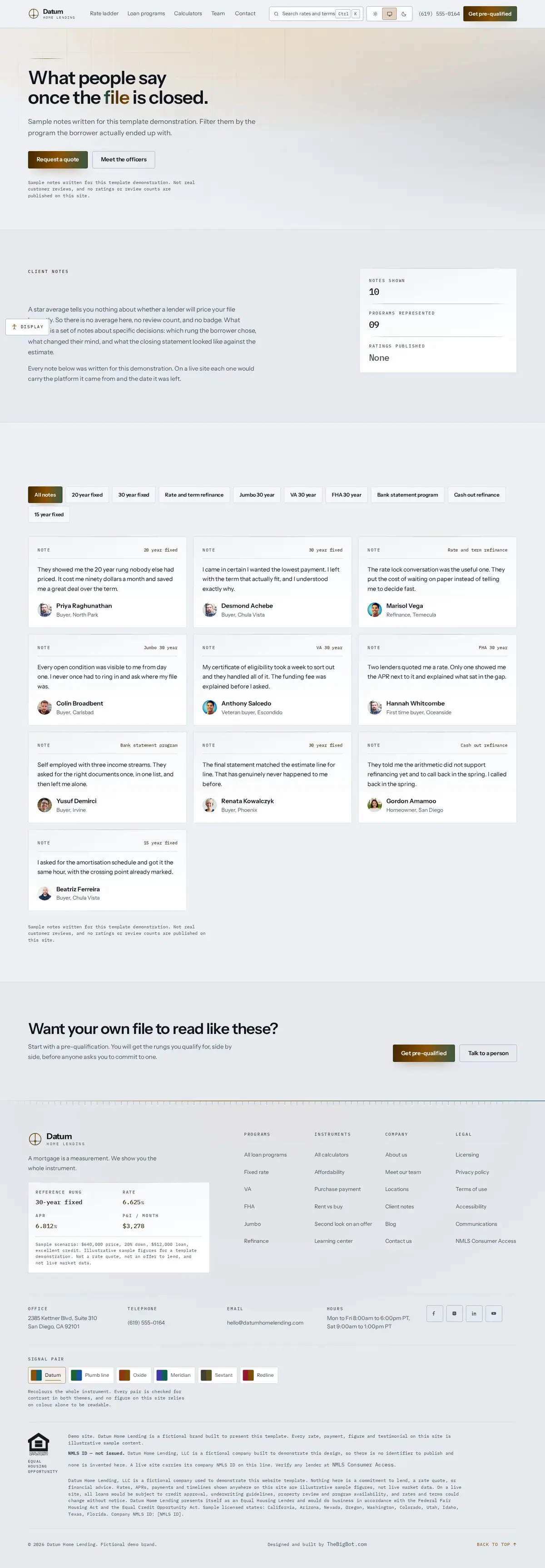 The reviews page of the Datum Home Lending mortgage website design