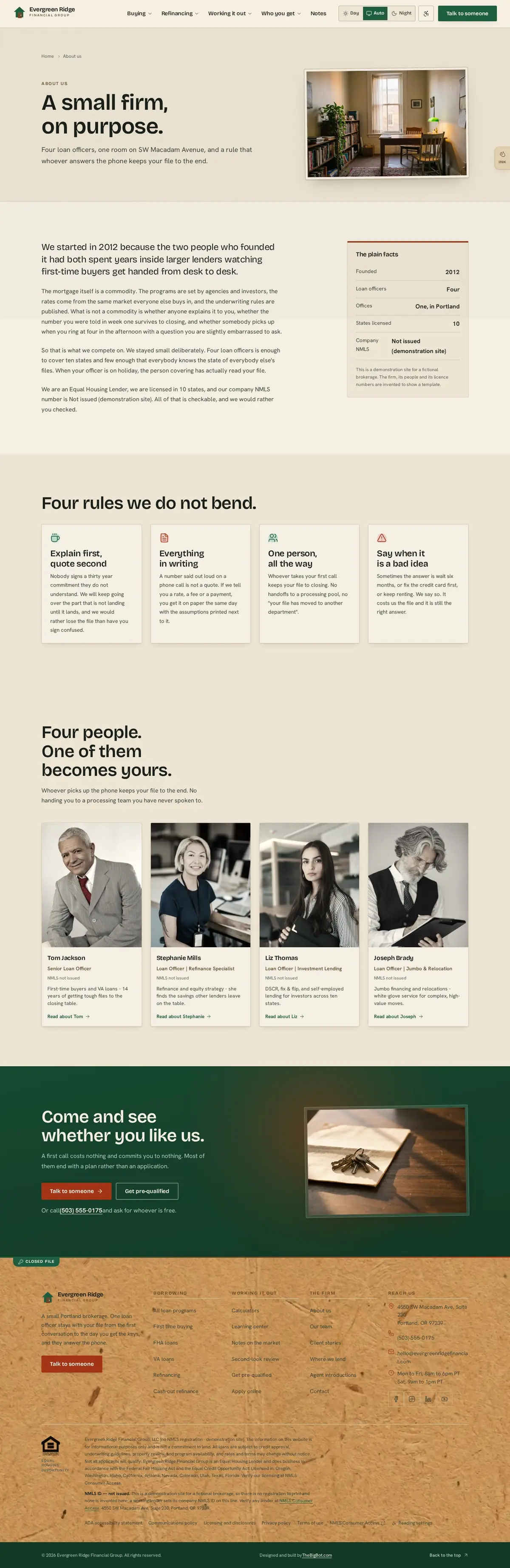 The about us page of the Evergreen Ridge Financial Group mortgage website design