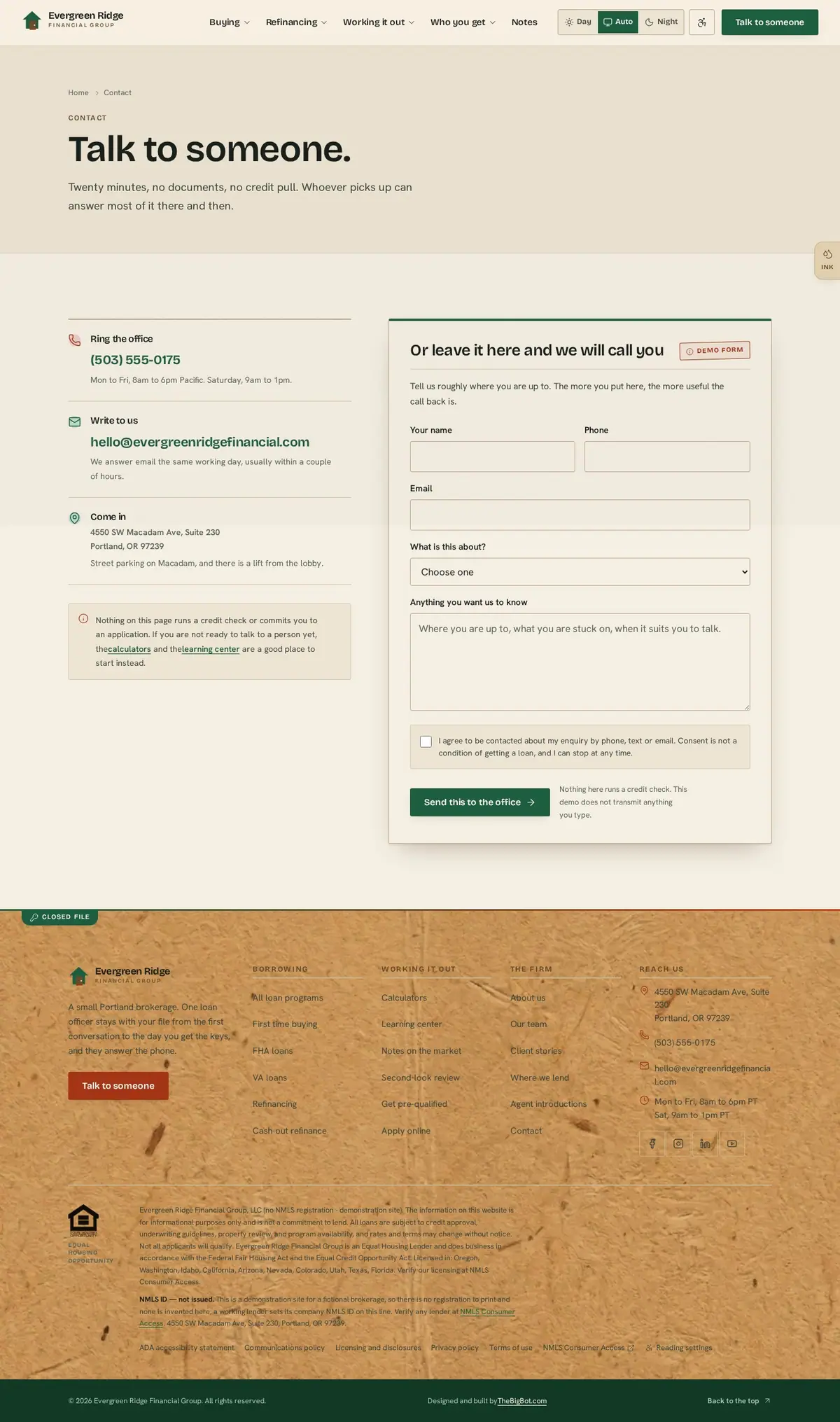 The contact us page of the Evergreen Ridge Financial Group mortgage website design