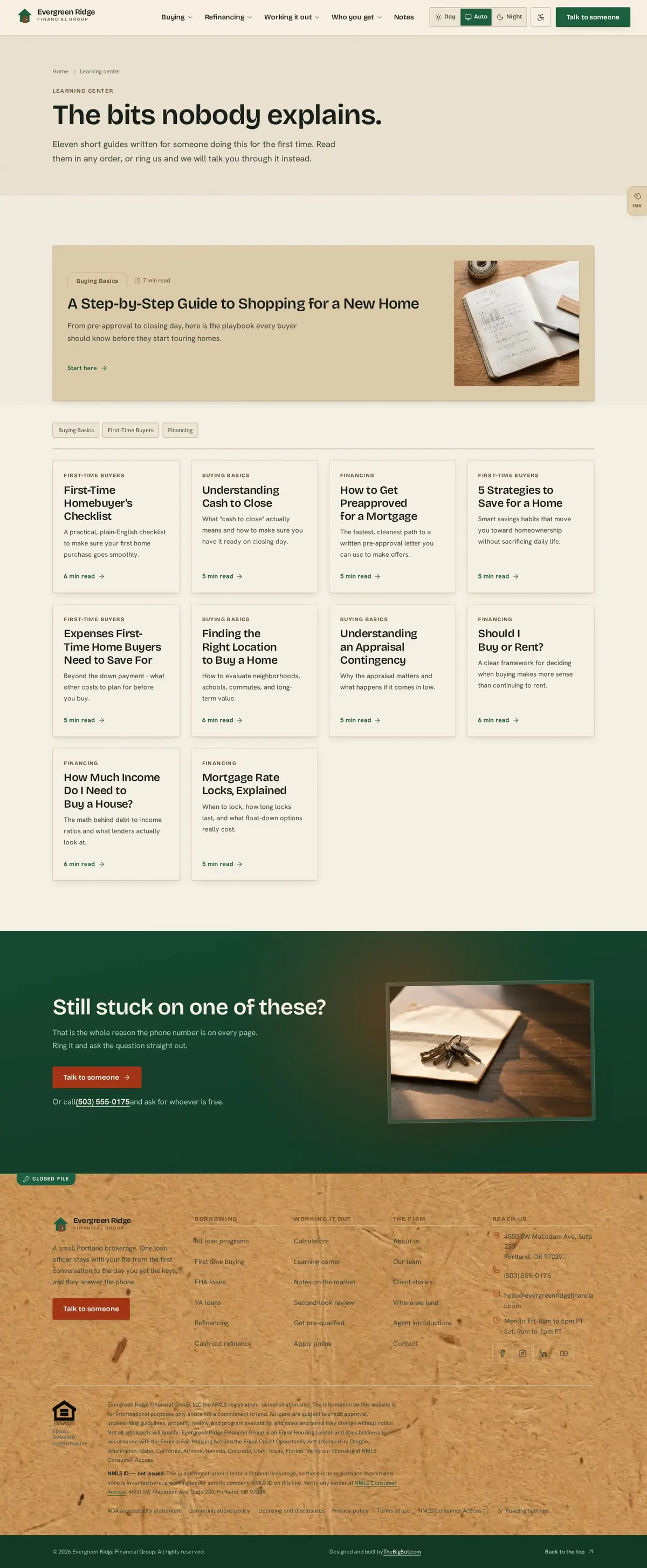 The learning center page of the Evergreen Ridge Financial Group mortgage website design