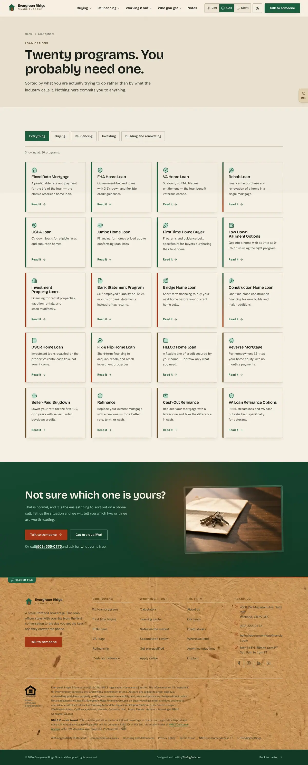 The loan options page of the Evergreen Ridge Financial Group mortgage website design