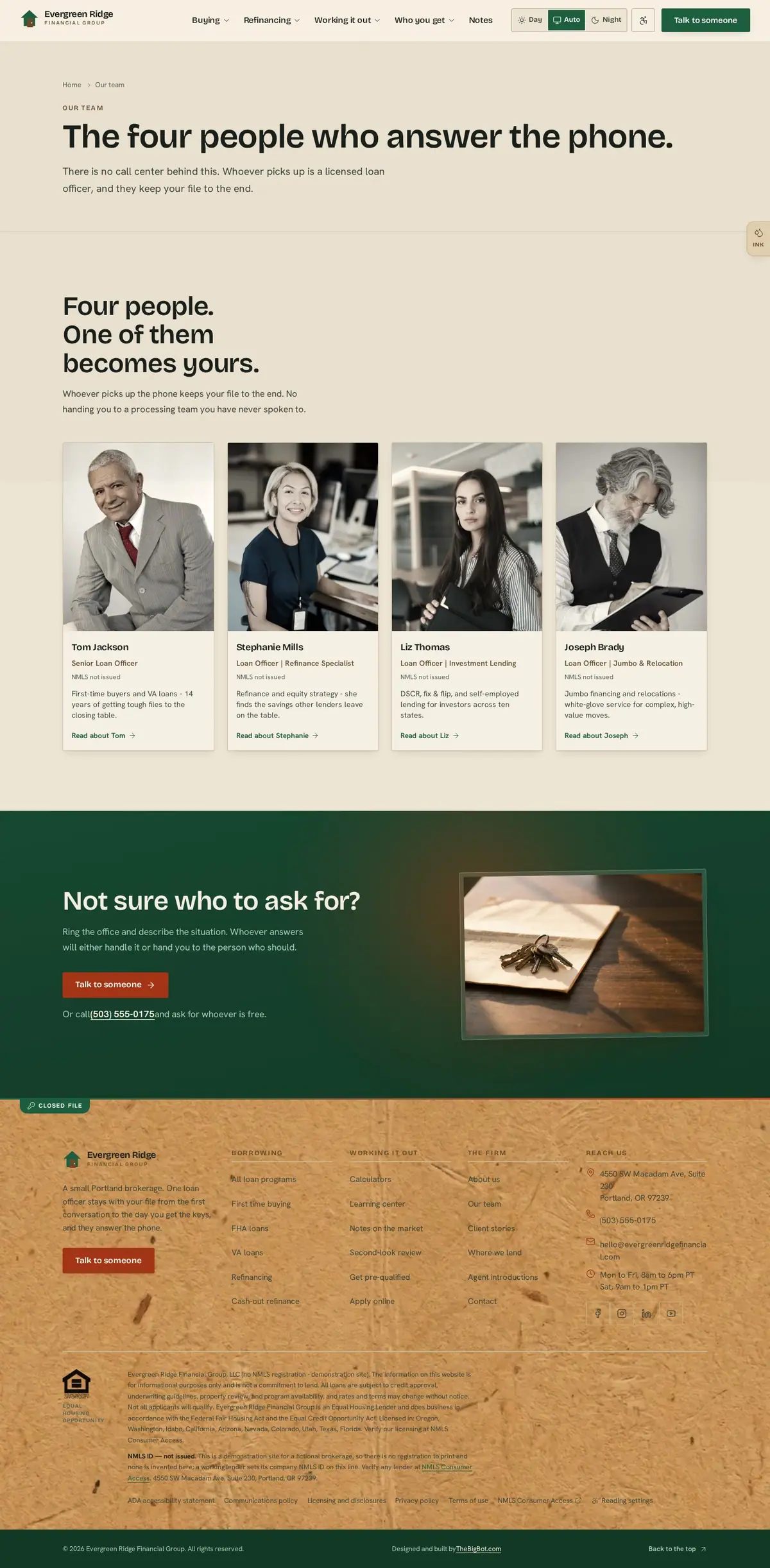 The meet our team page of the Evergreen Ridge Financial Group mortgage website design