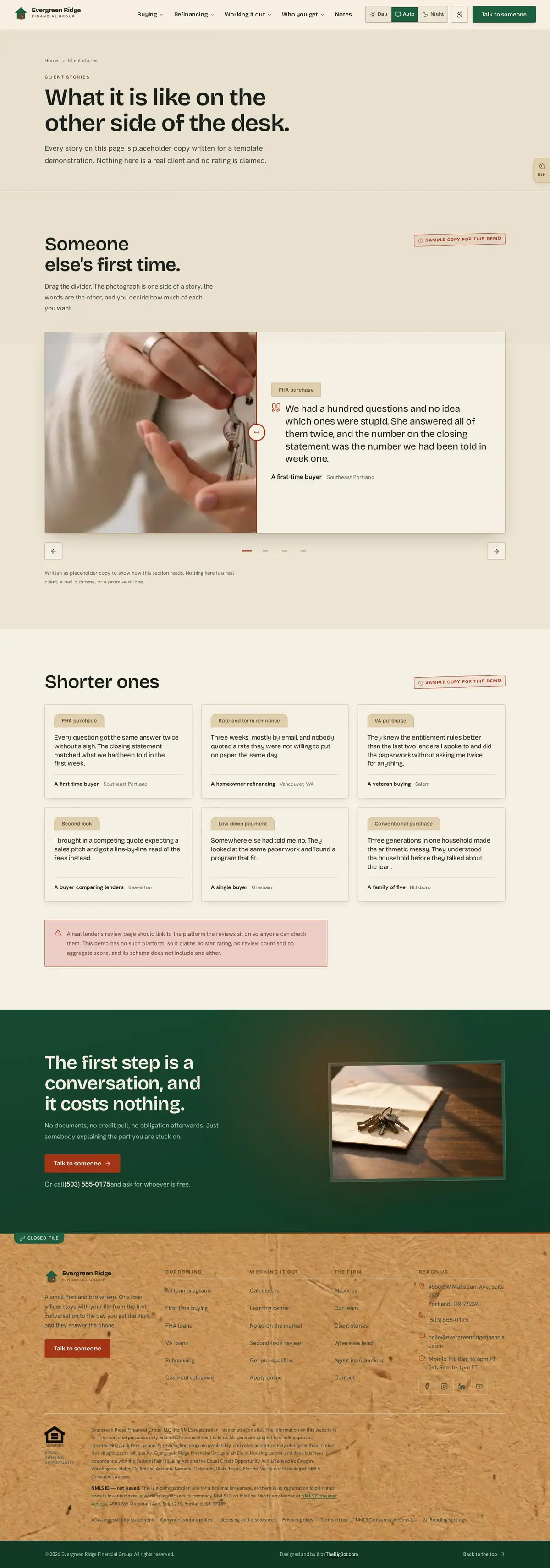 The reviews page of the Evergreen Ridge Financial Group mortgage website design