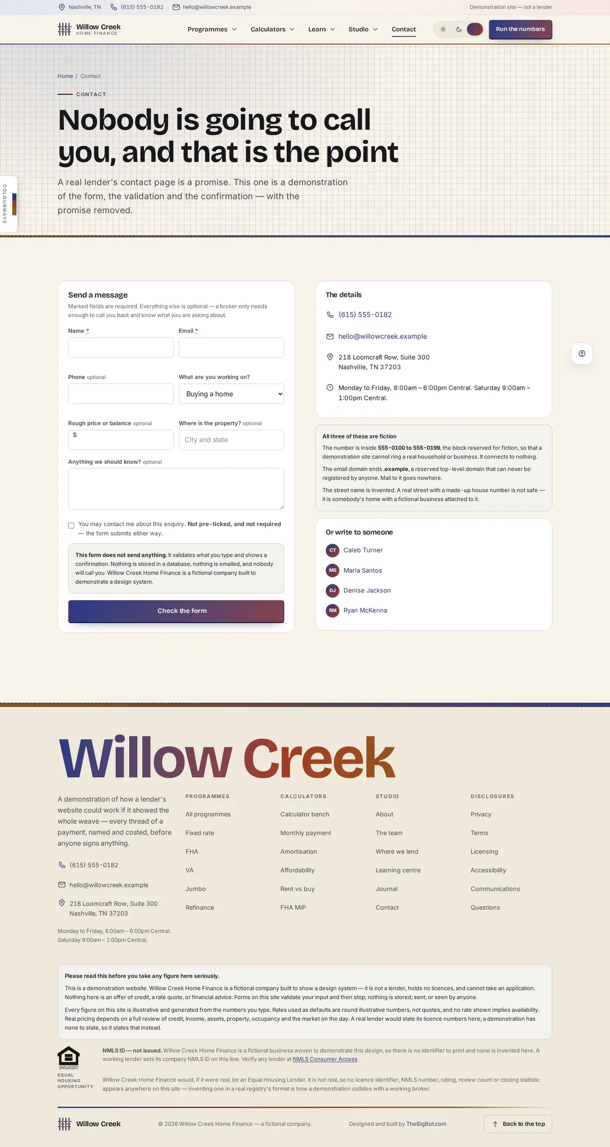 The contact us page of the Willow Creek Home Finance mortgage website design
