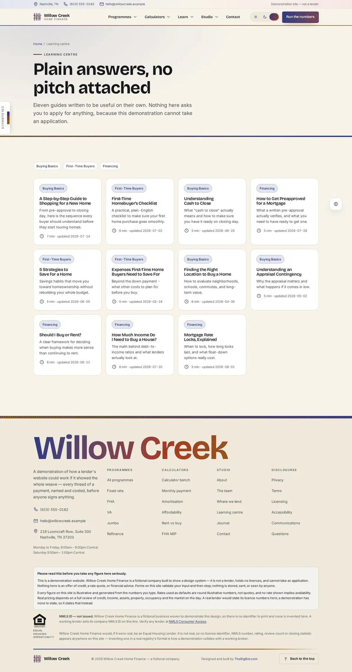 The learning center page of the Willow Creek Home Finance mortgage website design