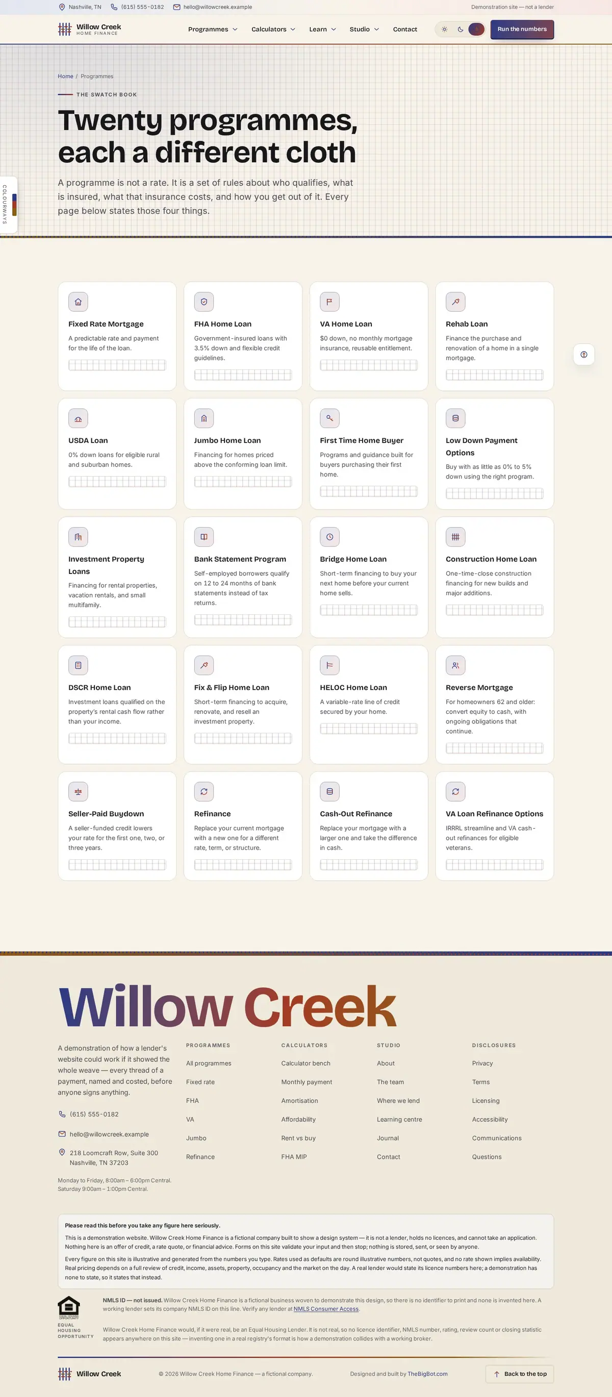 The loan options page of the Willow Creek Home Finance mortgage website design