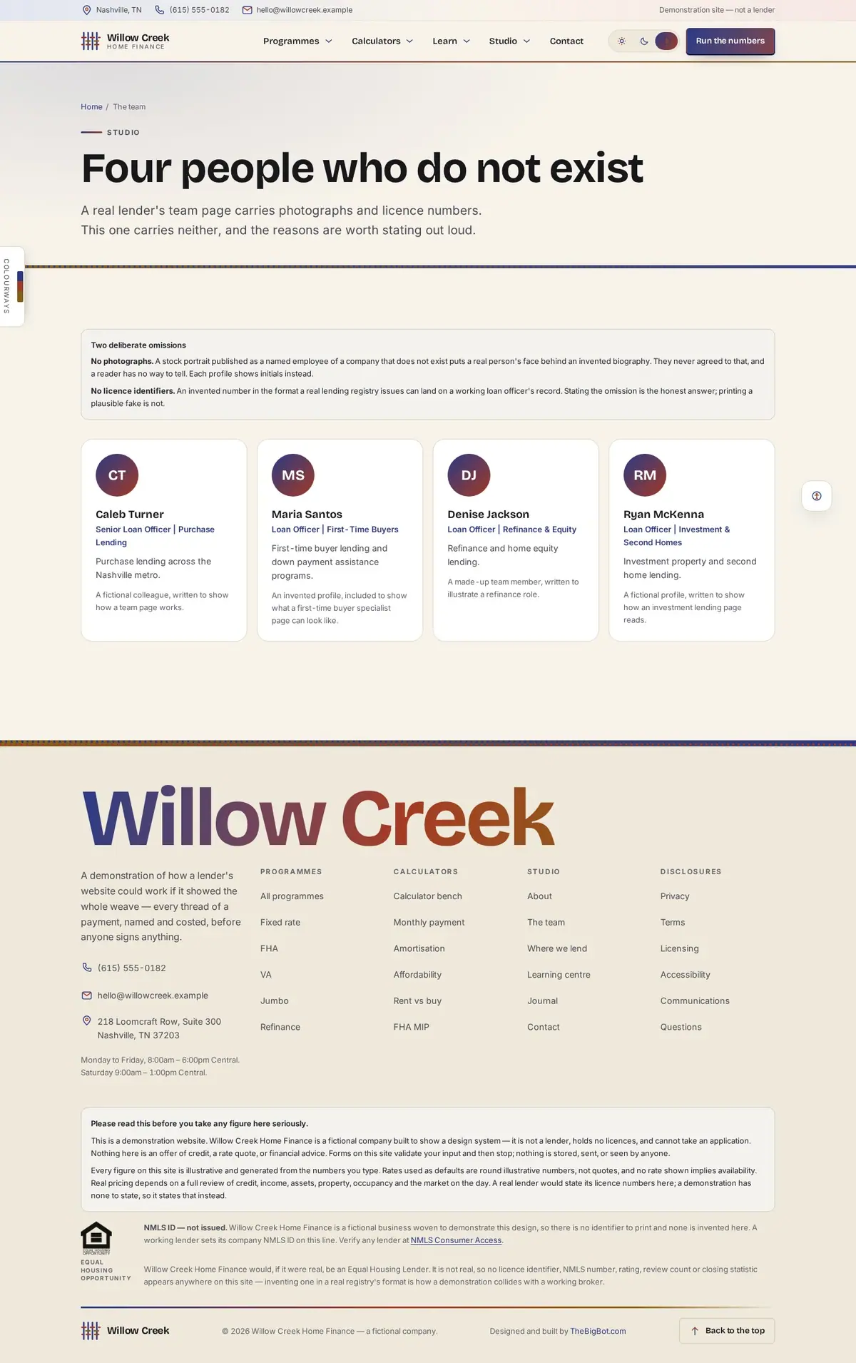 The meet our team page of the Willow Creek Home Finance mortgage website design