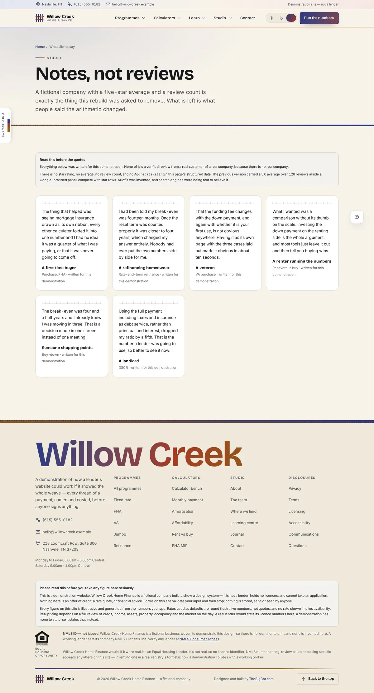 The reviews page of the Willow Creek Home Finance mortgage website design