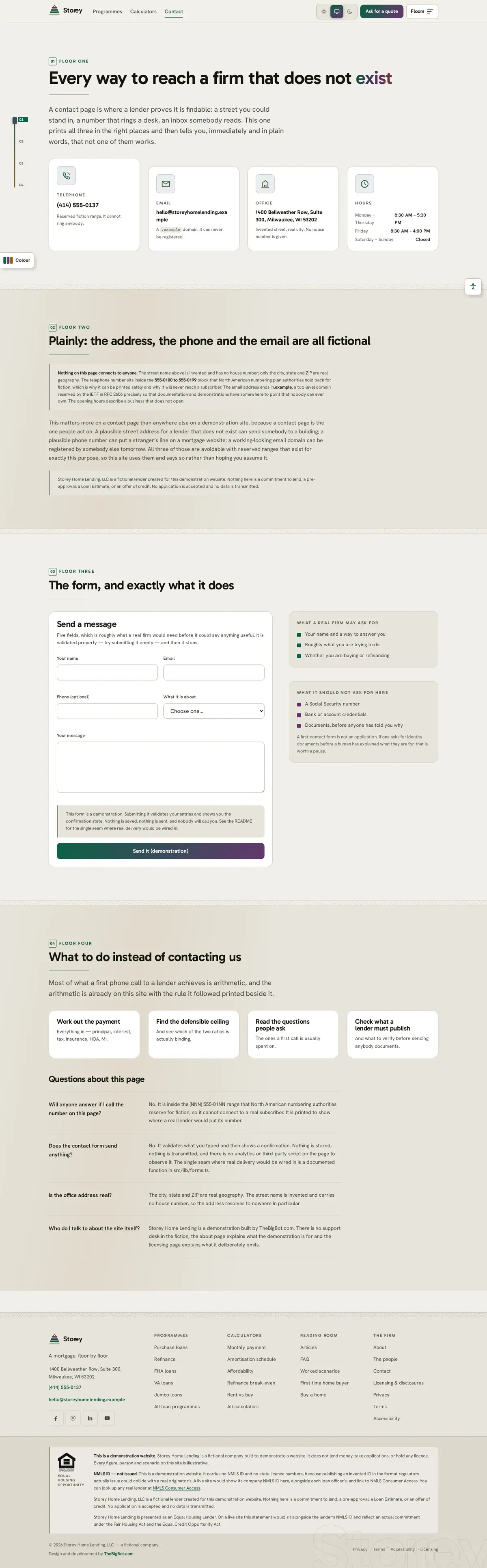 The contact us page of the Storey Home Lending mortgage website design