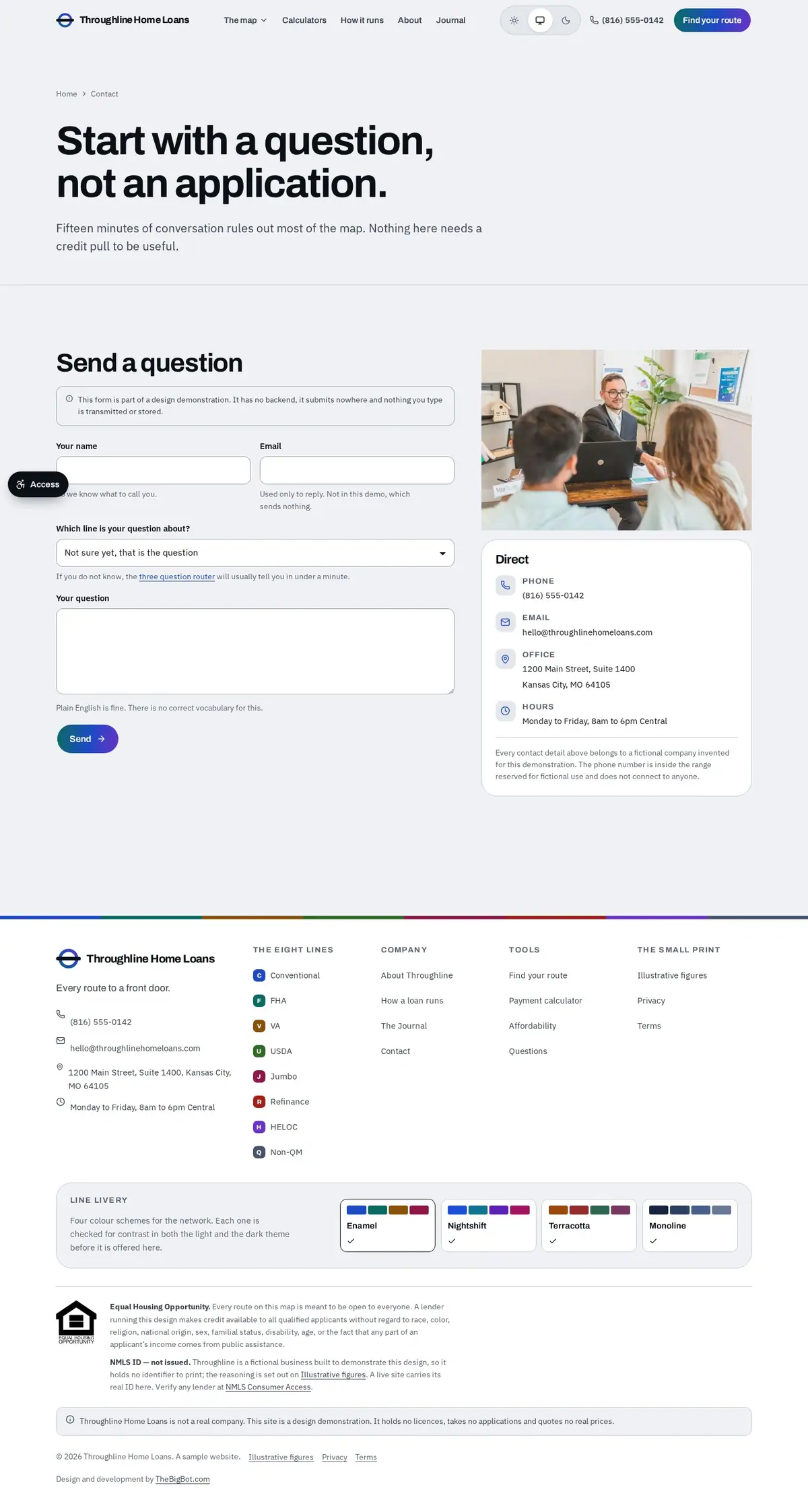The contact page of the Throughline Home Loans mortgage website design