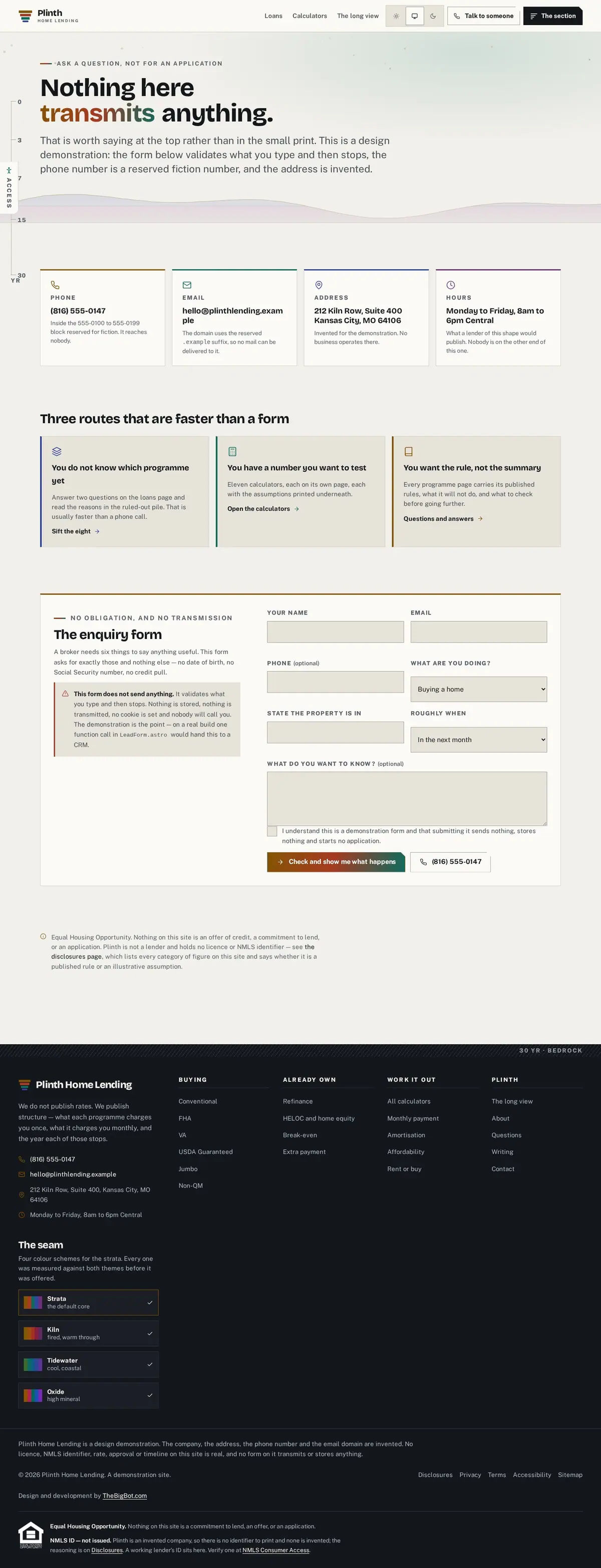 The contact page of the Plinth Home Lending mortgage website design