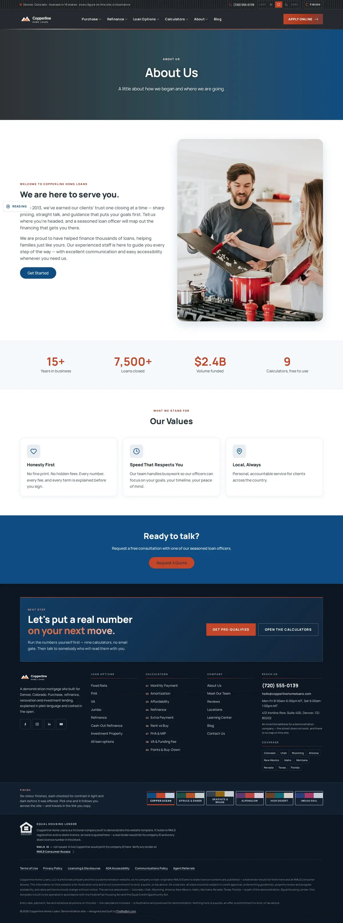 The about us page of the Copperline Home Loans — August 2026 mortgage website design