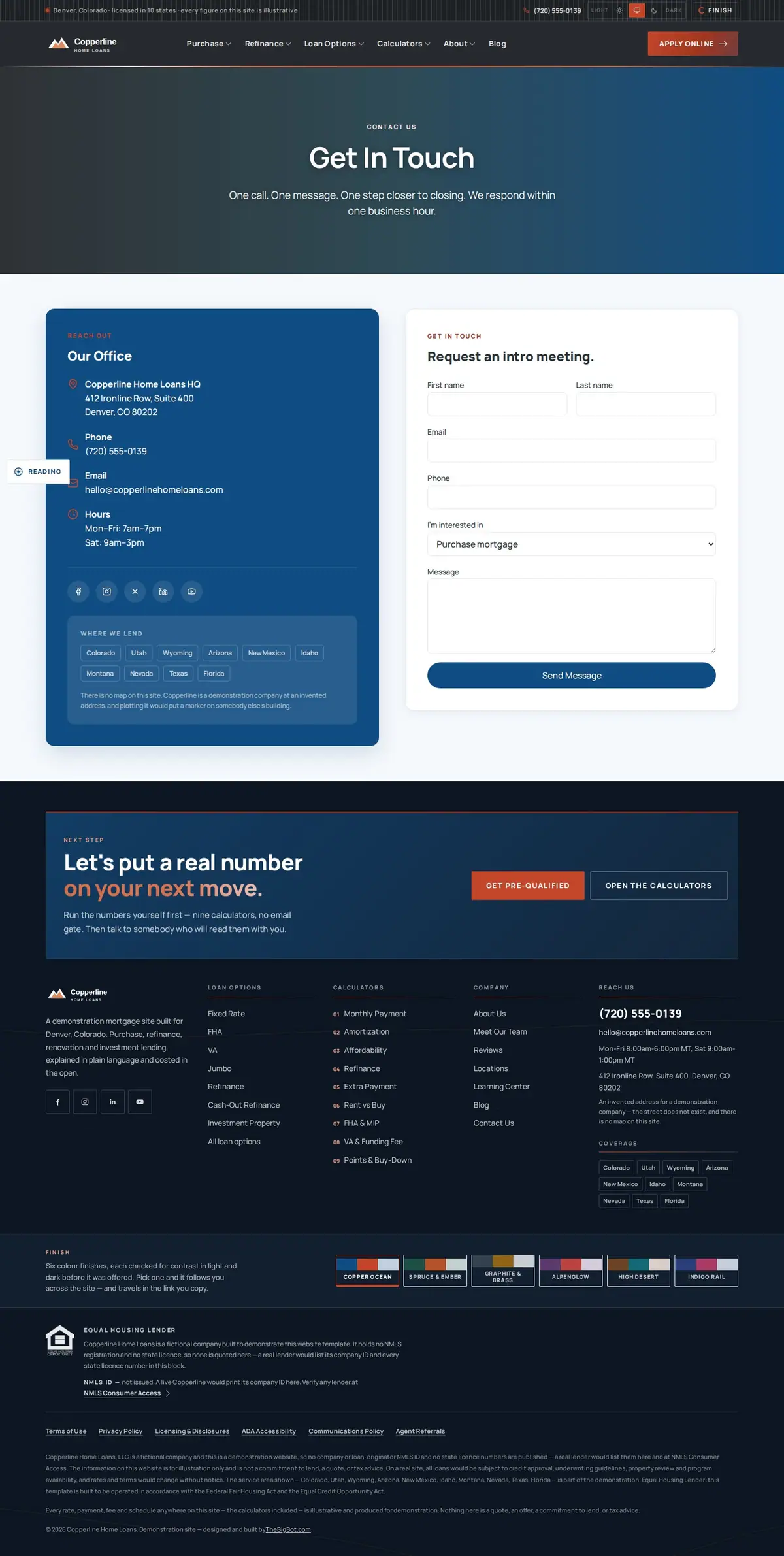 The contact us page of the Copperline Home Loans — August 2026 mortgage website design