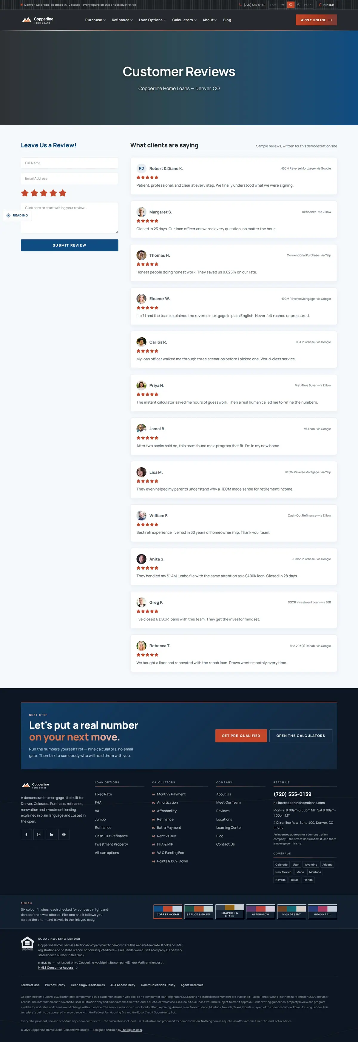 The reviews page of the Copperline Home Loans — August 2026 mortgage website design