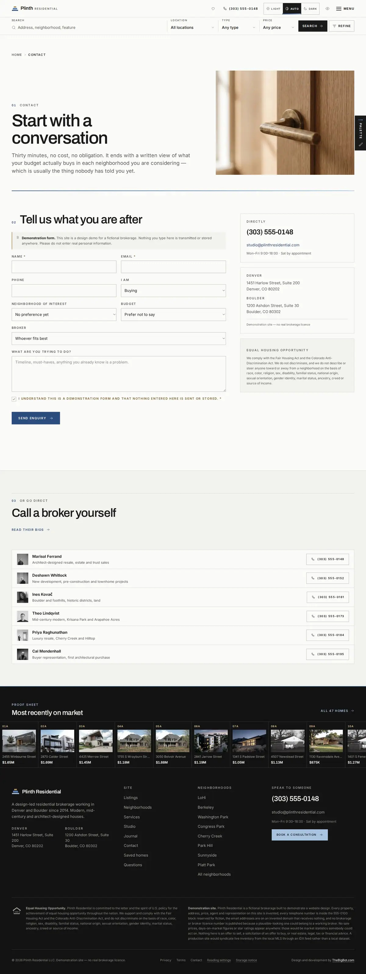 The contact page of the Plinth Residential real estate website design