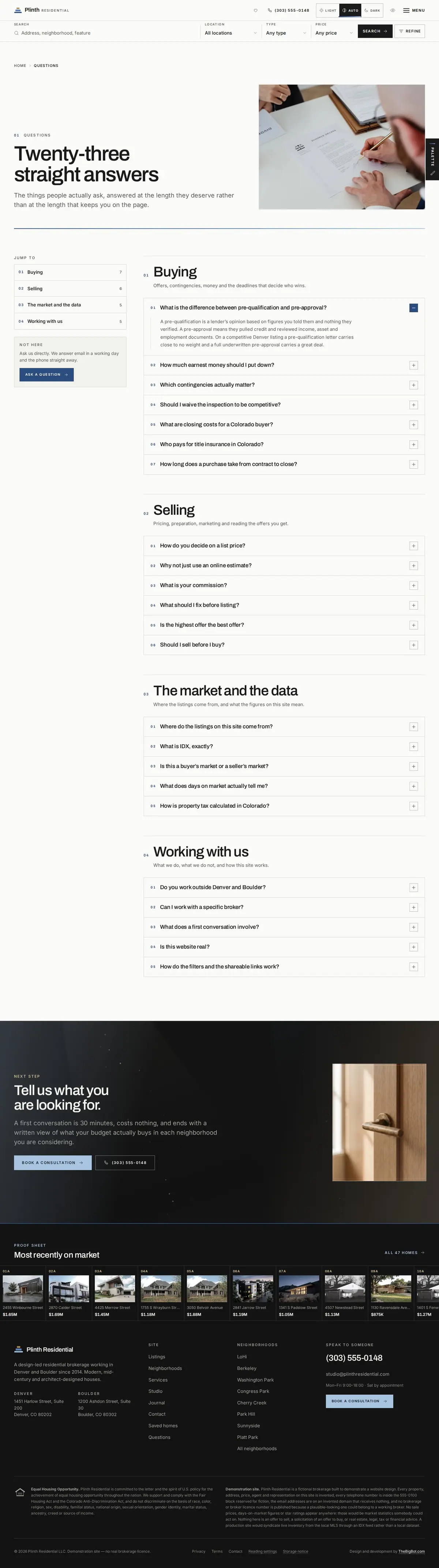 The faq page of the Plinth Residential real estate website design