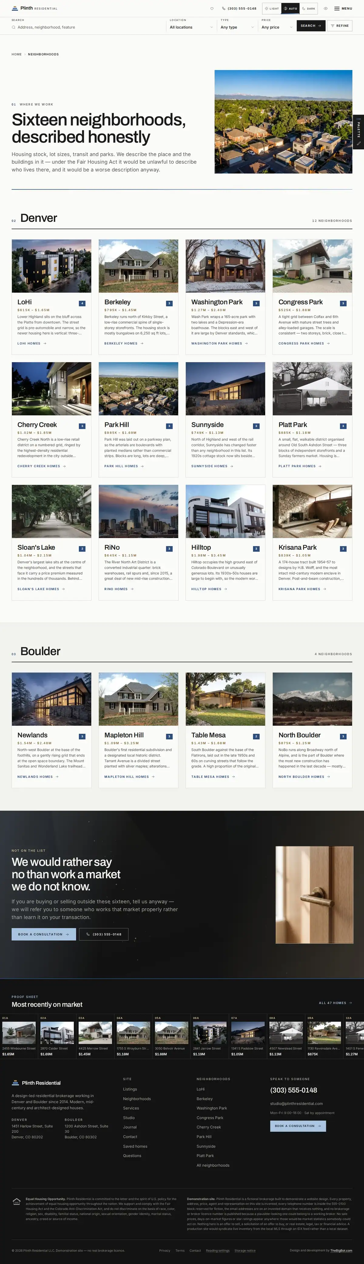 The neighborhoods page of the Plinth Residential real estate website design
