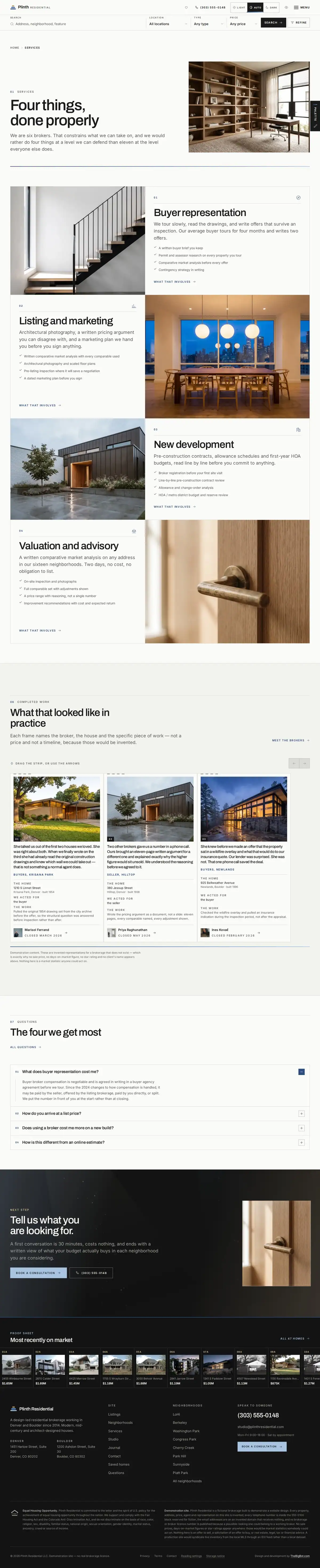 The services page of the Plinth Residential real estate website design