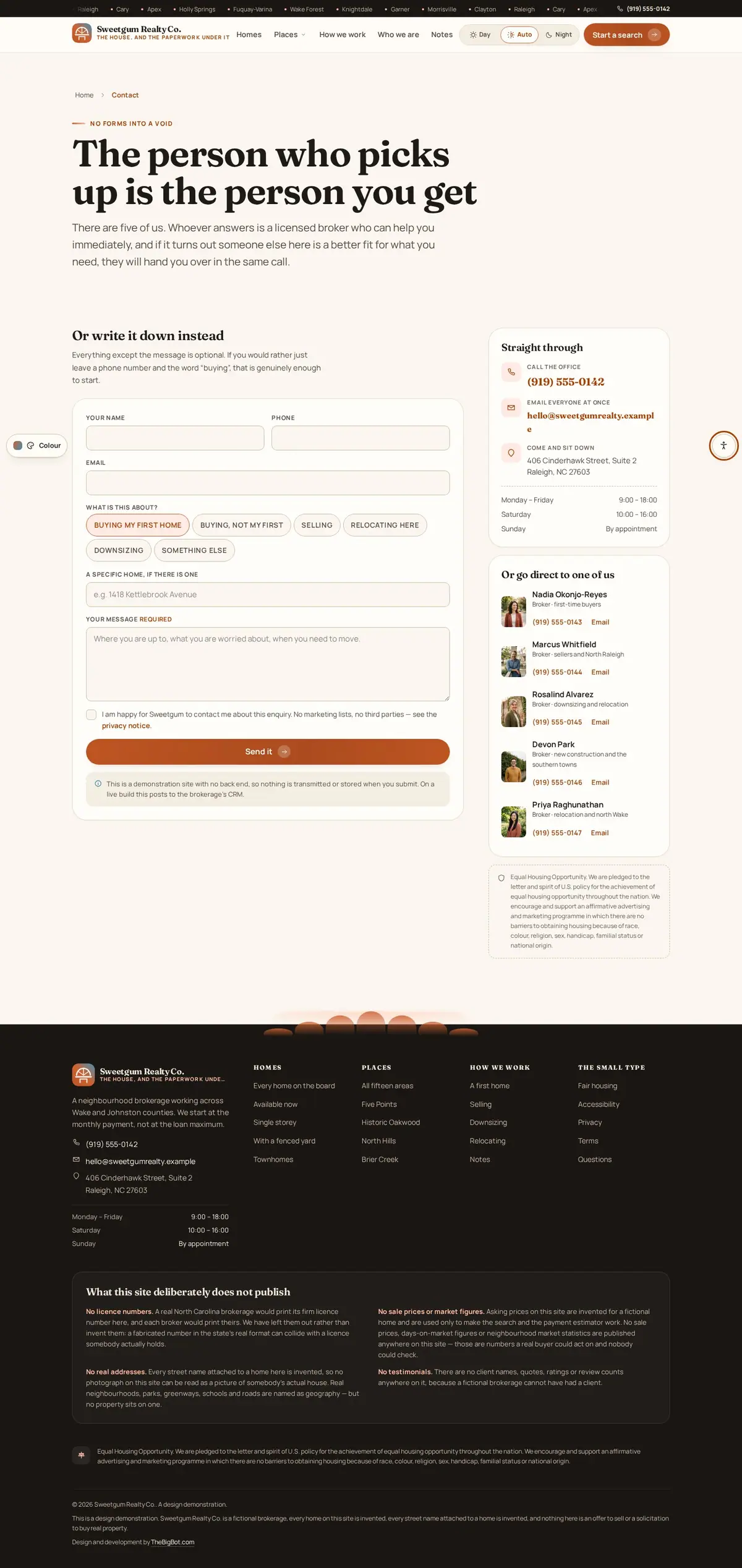 The contact page of the Sweetgum Realty Co. real estate website design