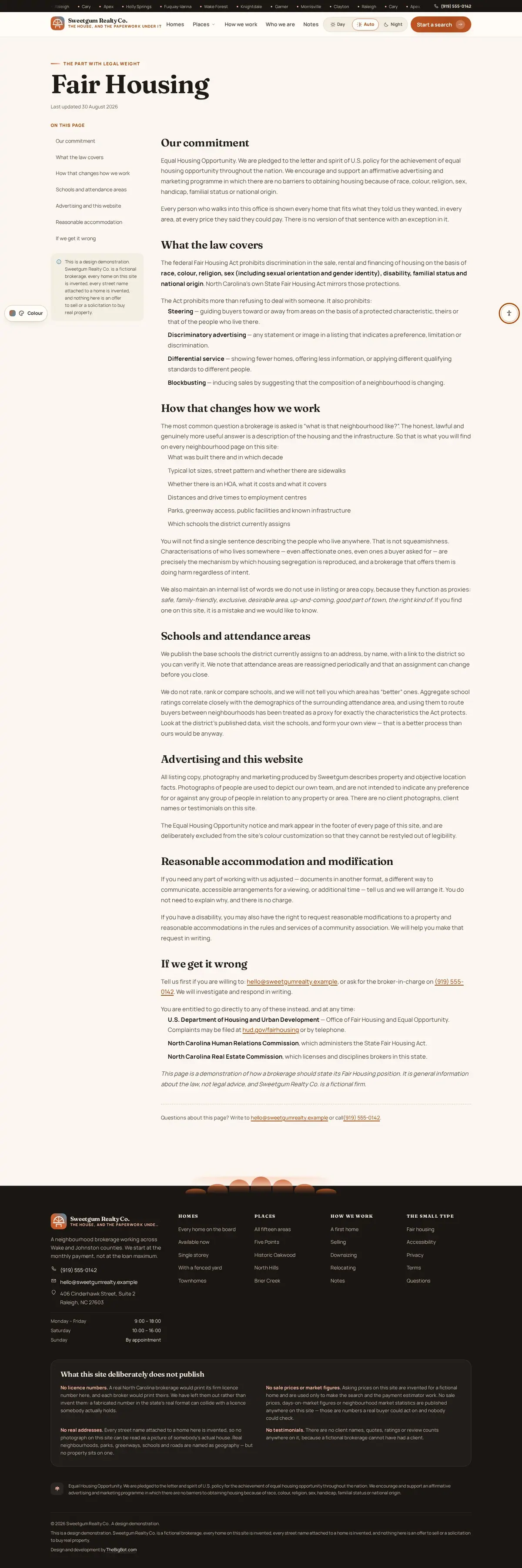 The fair housing page of the Sweetgum Realty Co. real estate website design