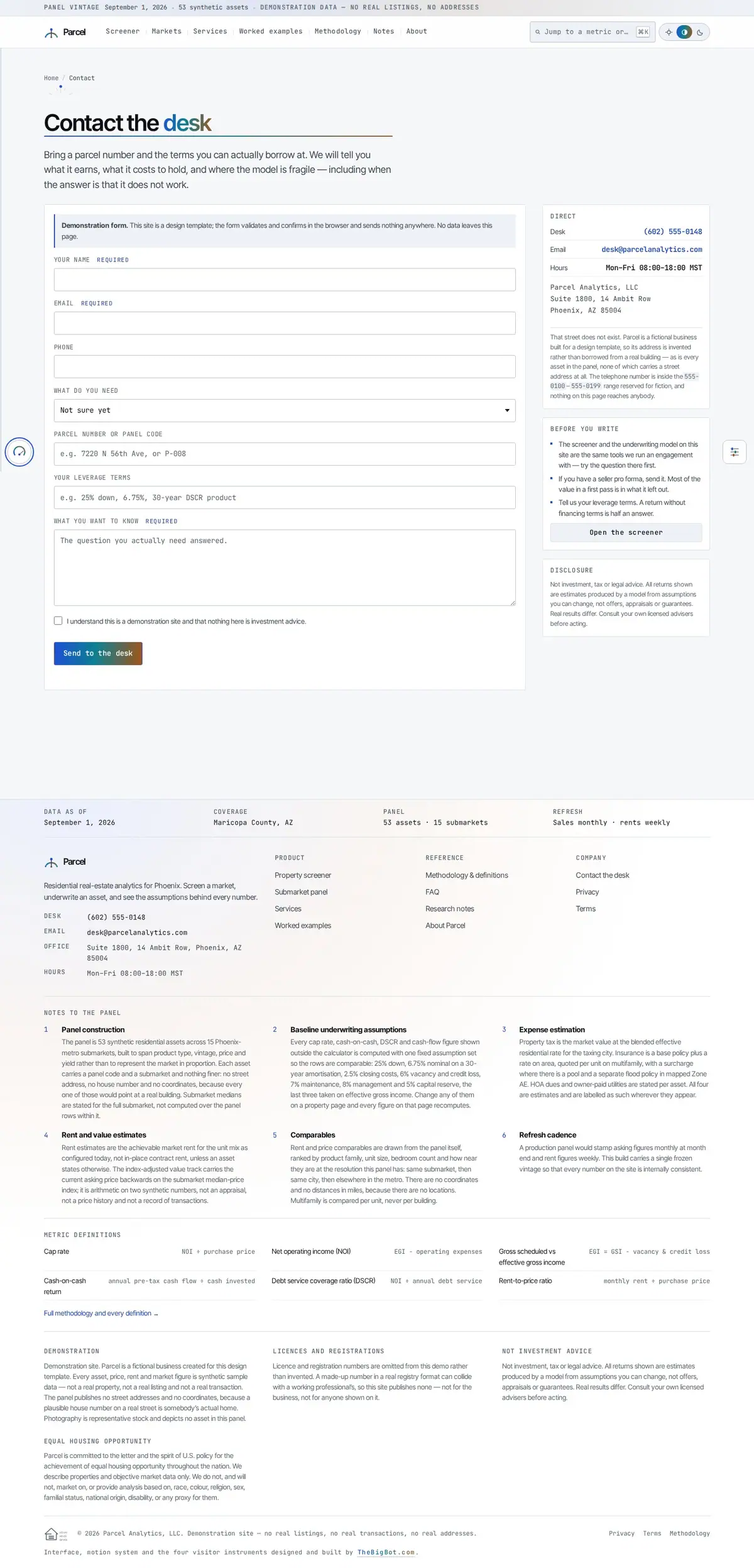 The contact page of the Parcel real estate website design