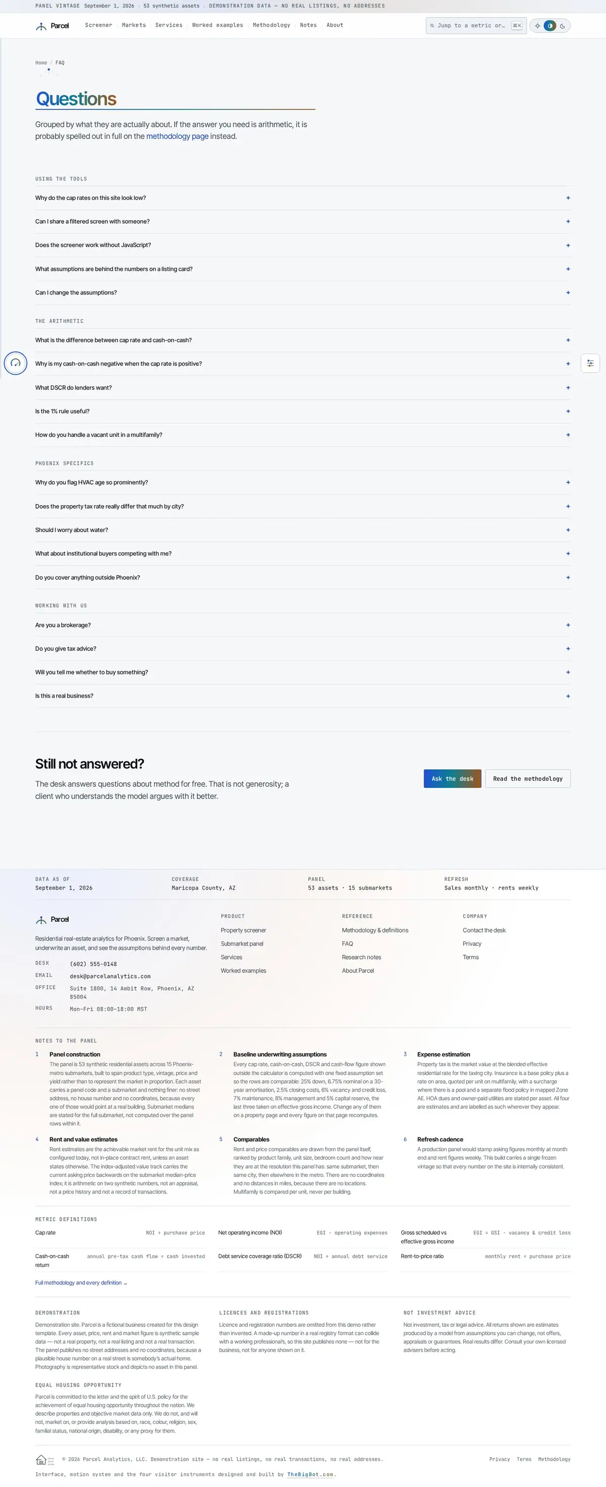 The faq page of the Parcel real estate website design
