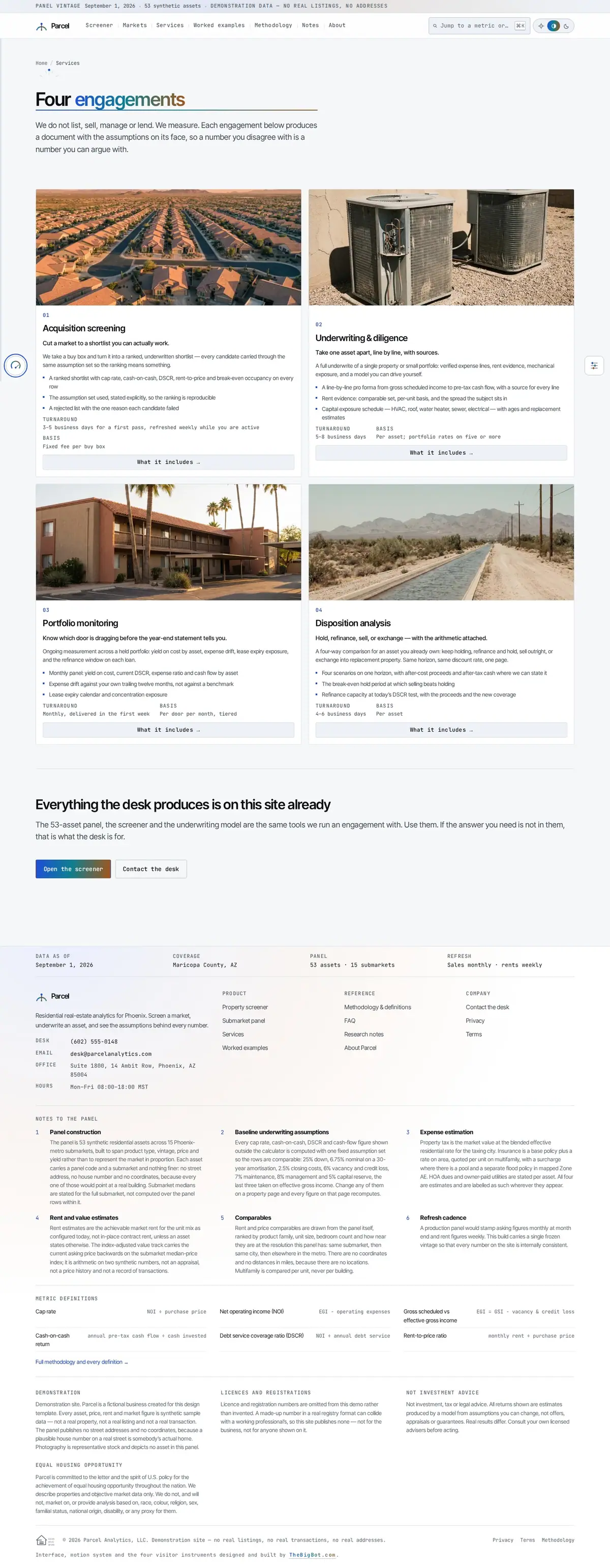 The services page of the Parcel real estate website design