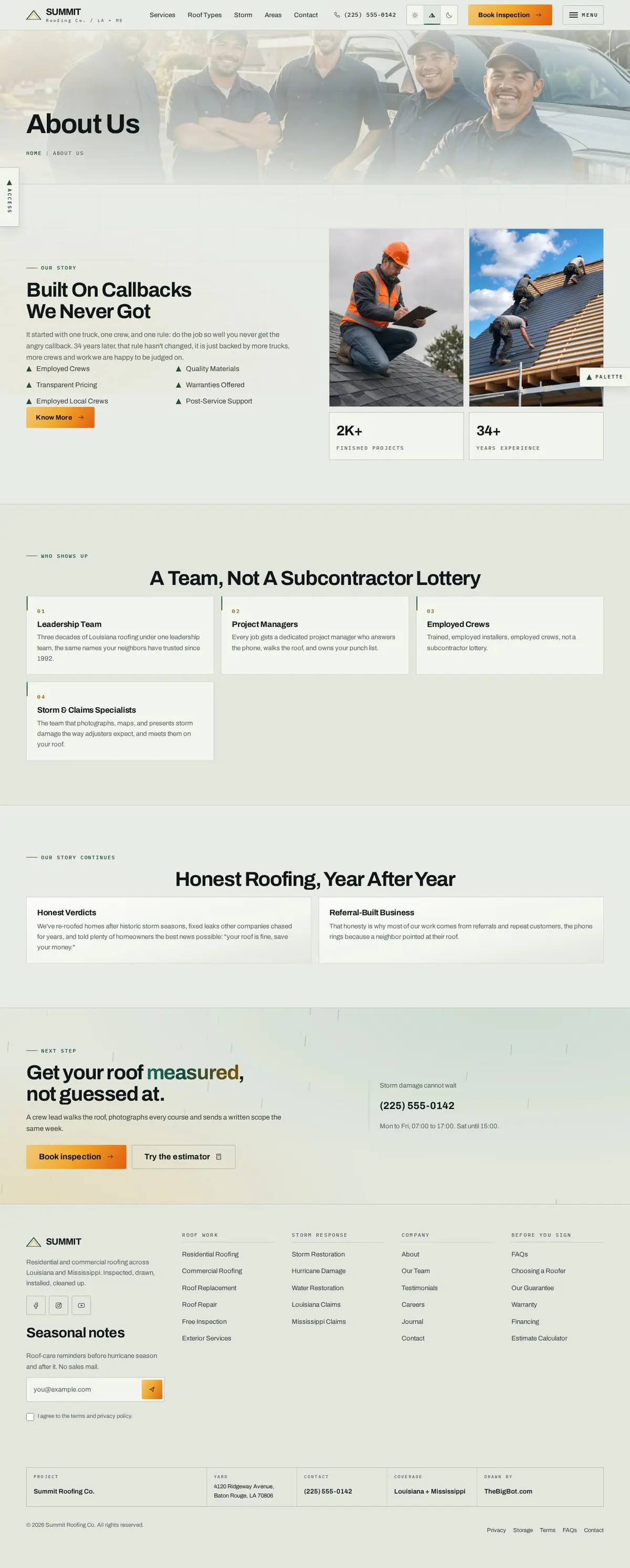 The about page of the Summit Roofing Co. roofing website design