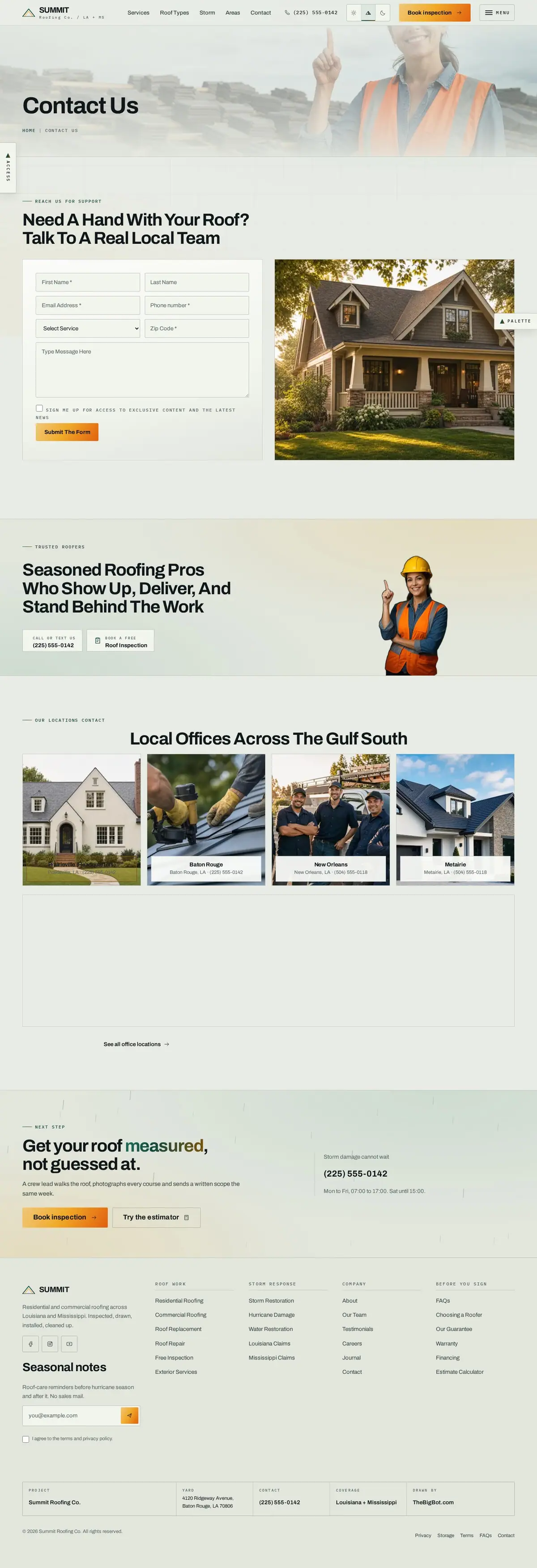 The contact page of the Summit Roofing Co. roofing website design