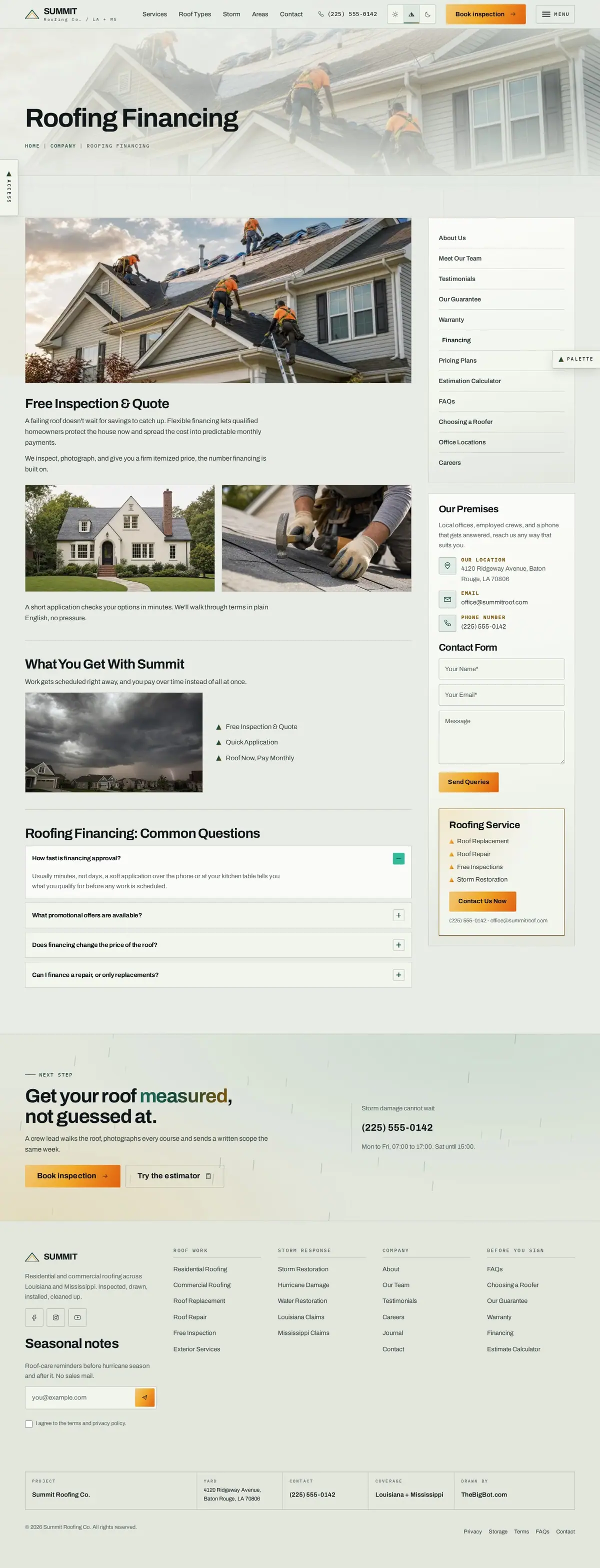 The financing page of the Summit Roofing Co. roofing website design