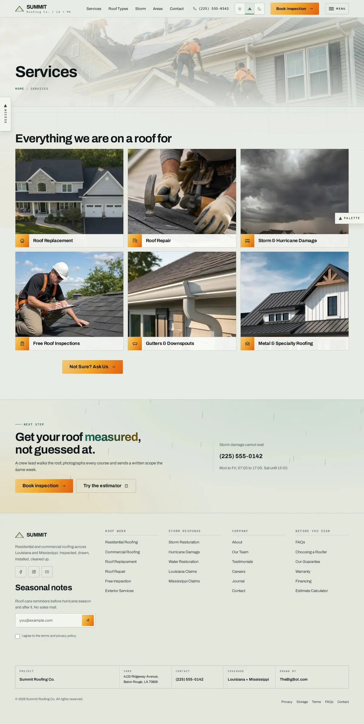 The services page of the Summit Roofing Co. roofing website design